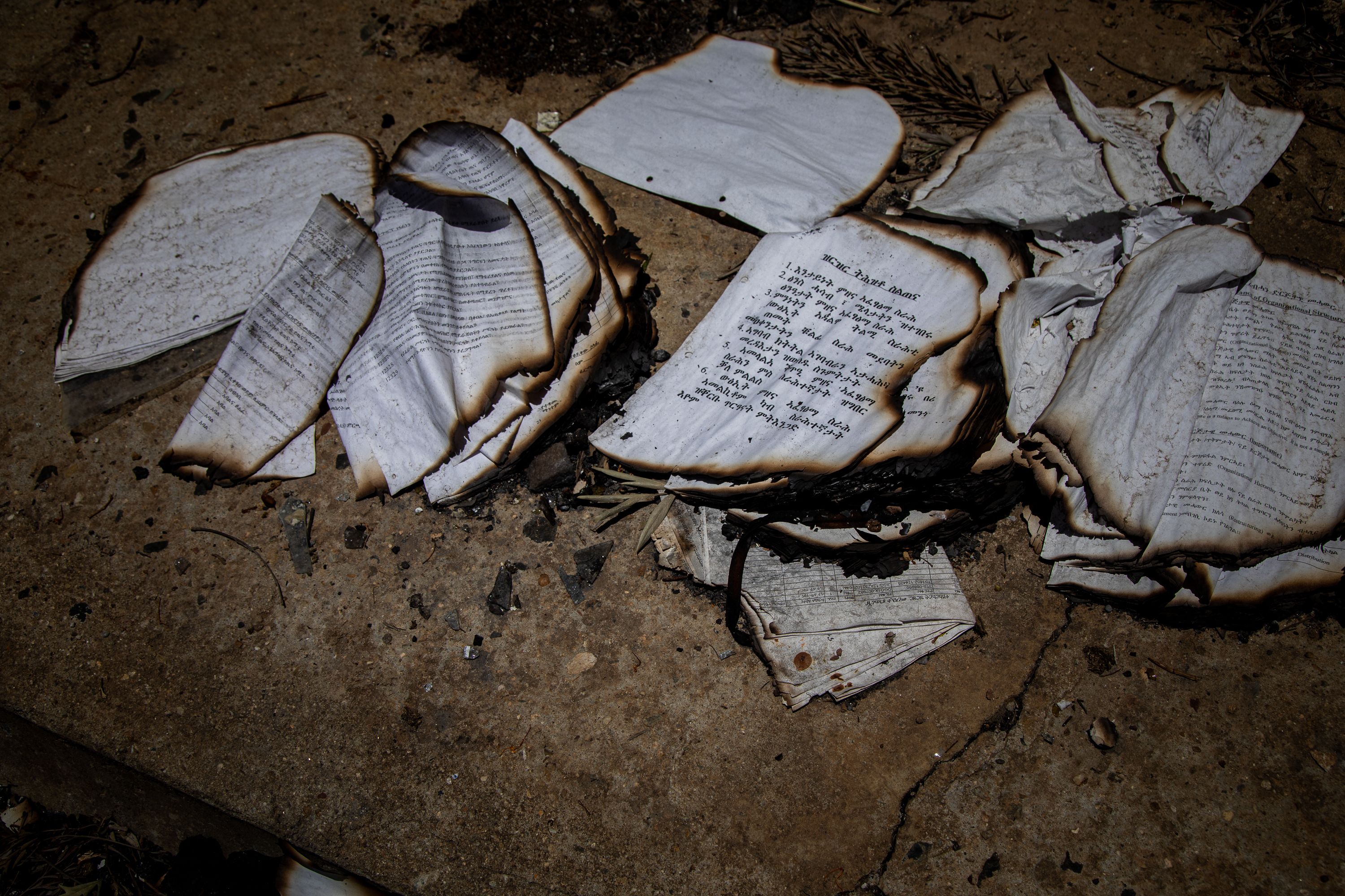 Burned medical records lay on the ground at a damaged clinic run by Save The Children in Fatsi, Eastern Tigray. The health facility incurred extensive damage and looting during the latest occupation by Eritrean forces from September 2022 to January 2023. According to Tigray Regional Health Bureau, approximately 80 percent of the health facilities have been incapacitated as a direct result of fighting. Tigray'sPeacetimeCasualties_04002023-008.jpg