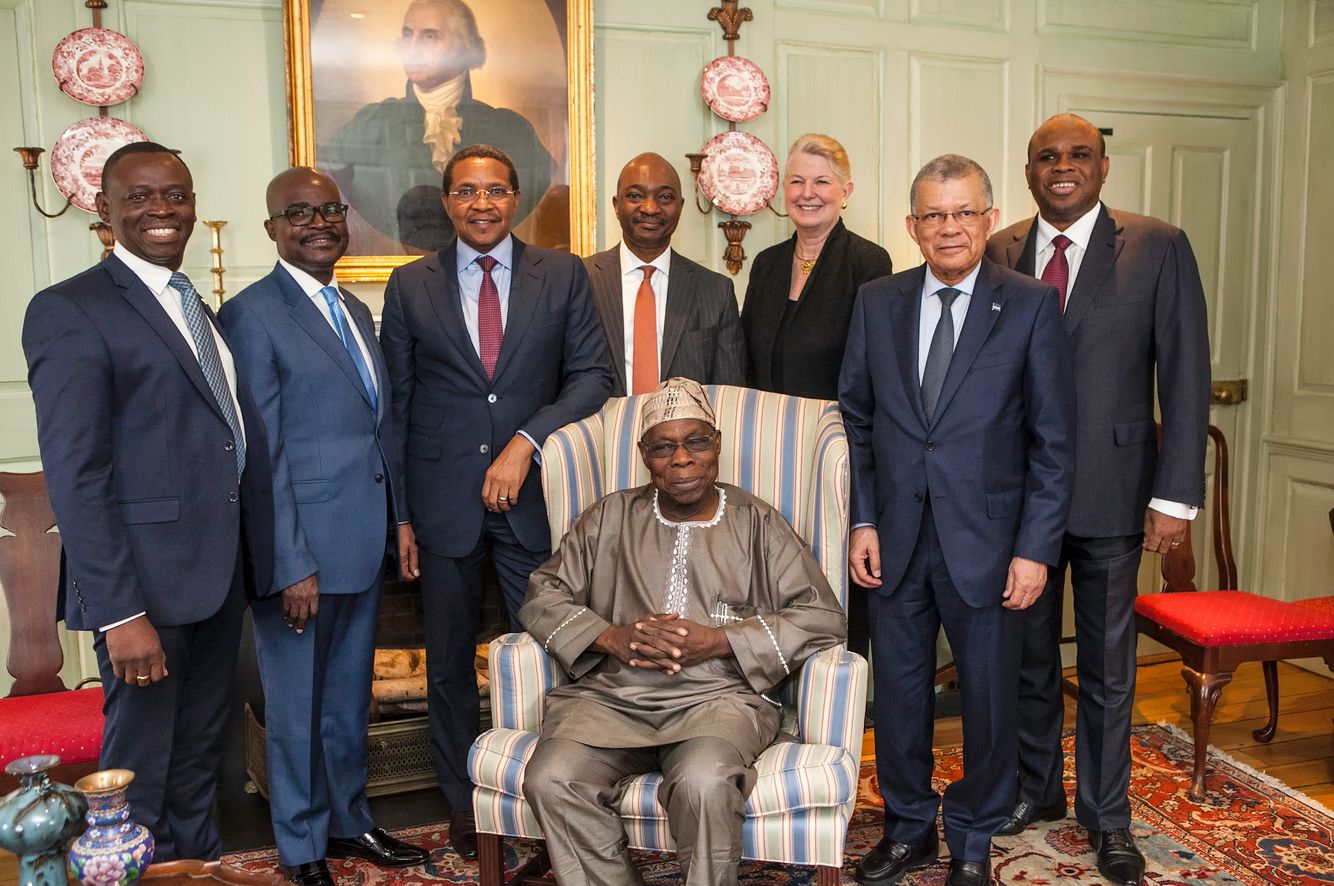 The Harvard University Center for African Studies. Seated: His Excellency Olusegun Obasanjo, former President of Nigeria Standing, left to right: James Ogolla, Director of University Advancement, United States International University (USIU), Kenya; Paul Zeleza, Vice Chancellor, USIU; His Excellency Jakaya Kikwete, Former President of Tanzania,
Professor Emmanuel Akyeampong, Director of Harvard’s Center for African Studies; Dr. Margot Gill, Harvard University Marshal; His Excellency Carlos Veiga, Former Prime Minister of Cape Verde;
Dr. Benedict Oramah, President of the African Export-Import Bank Africa's Leaders Speak Forum