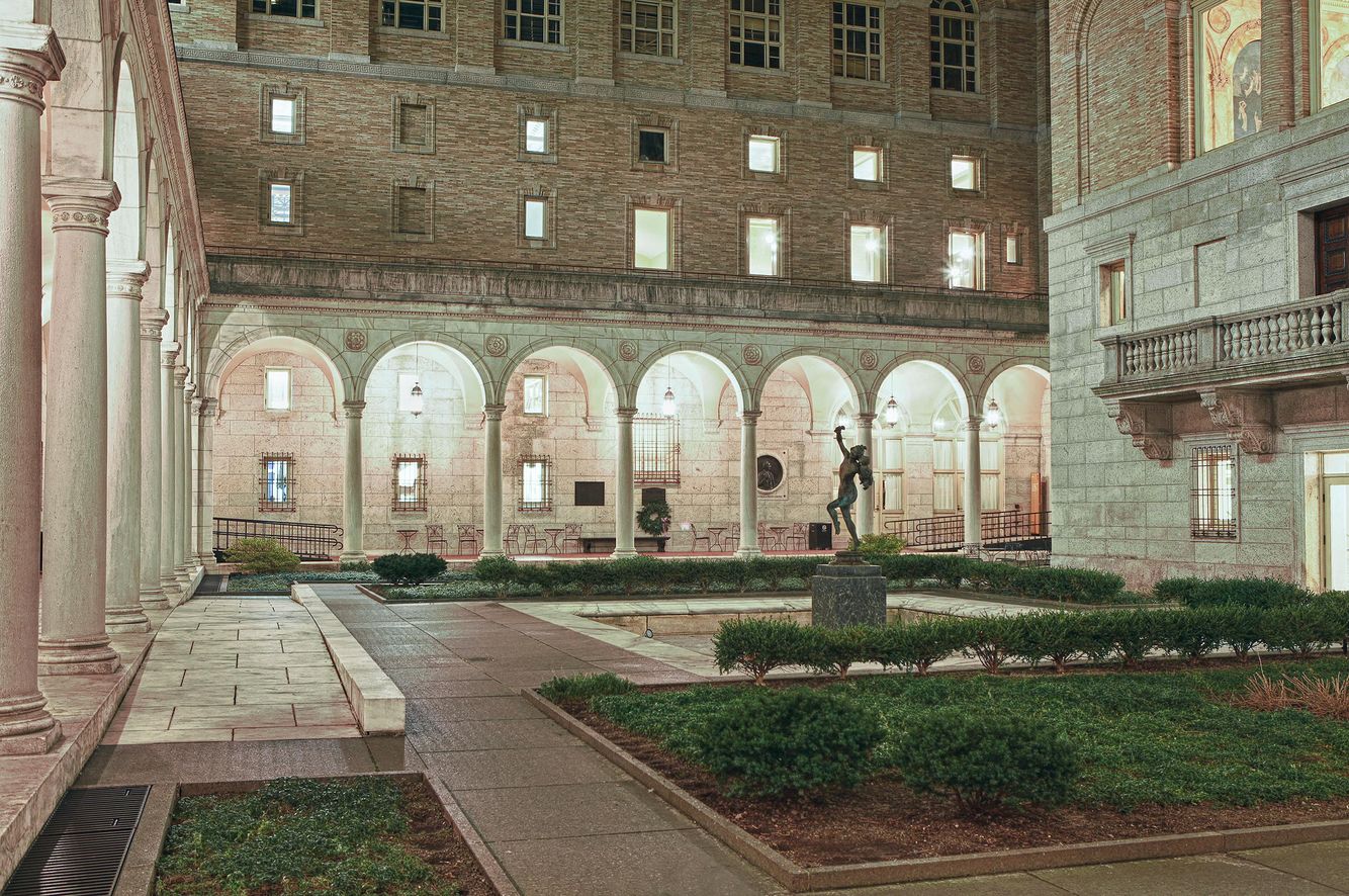 Frederick MacMonnies' spirited piece is located in the courtyard of Boston Public Library. The Courtyard of the Central Library in Copley Square.