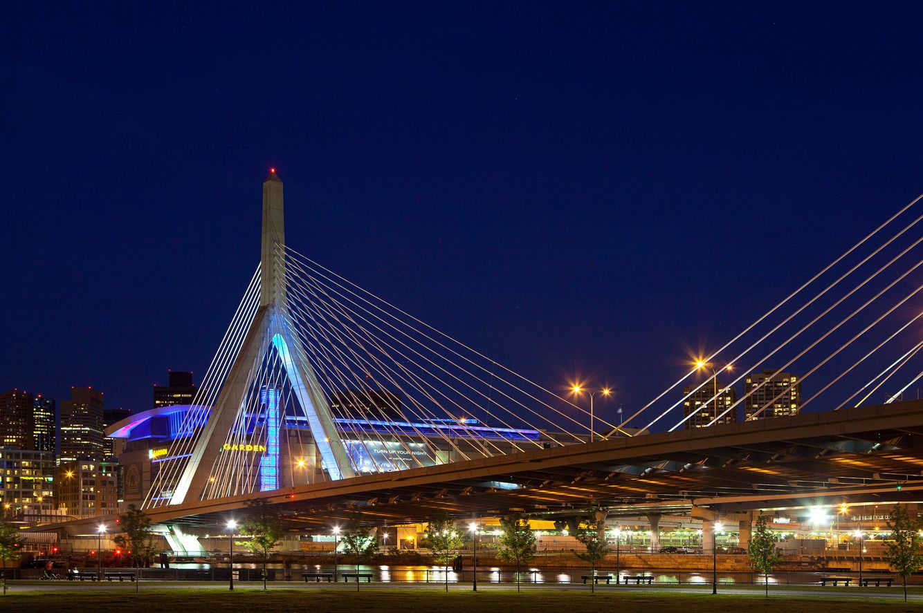 The Leonard P. Zakim Bunker Hill Bridge, part of the Big Dig Project in Boston, is the widest cable-stayed bridge in the world. Zakim Bridge night view, Boston, MA