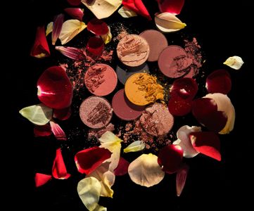 Red, Yellow and Orange Makeup and Flower Composition  | Product Photography | Cosmetic Styling Los Angeles