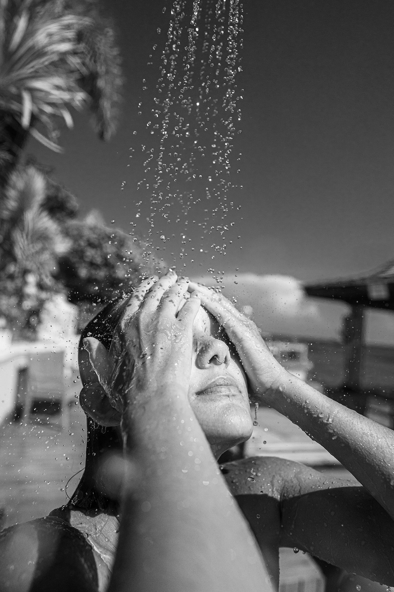 Black and white photo in the tropical shower 