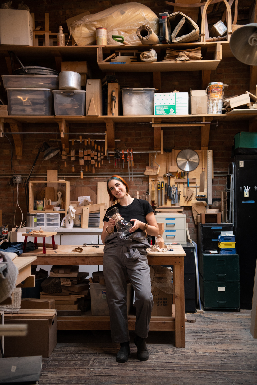Starbucks, woodworker, woodworking studio, female woodworker, lifestyle photography Female artist in woodshop