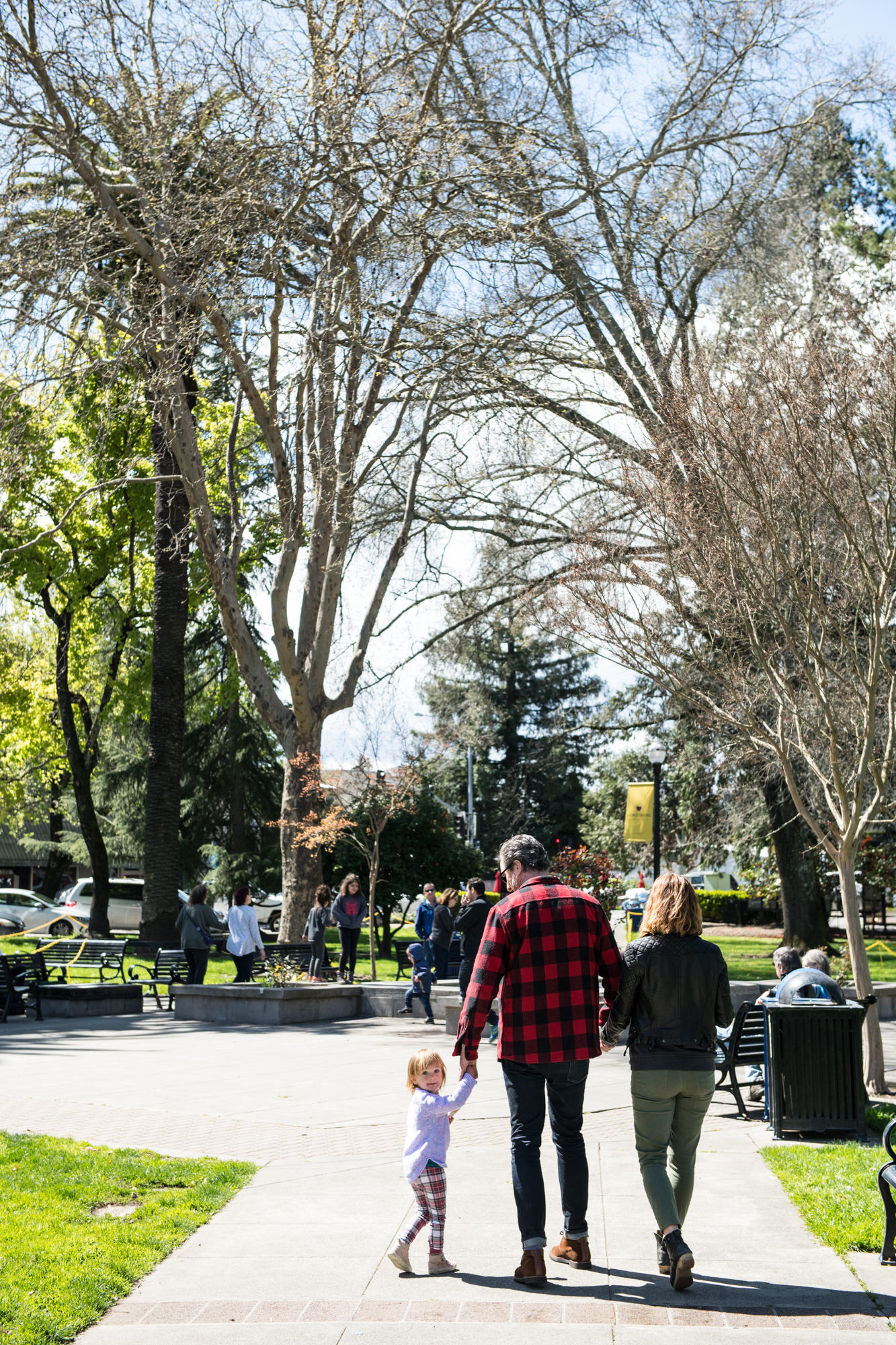Family walks towards a group of people in a park, gorgeous portrait of a family on an outing Dad in a red flannel and redwing boots