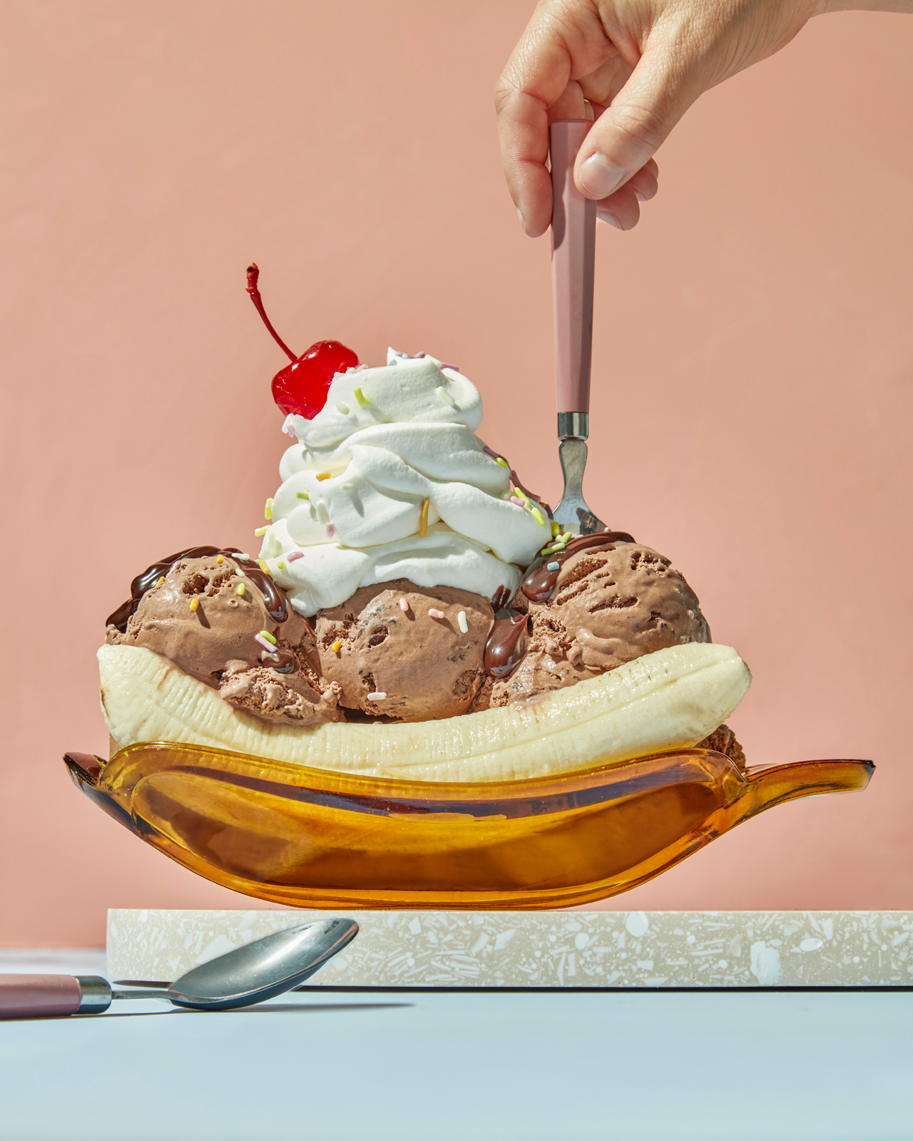 Dessert in orange banana peel shaped glassware, unique serving ideas for ice cream 