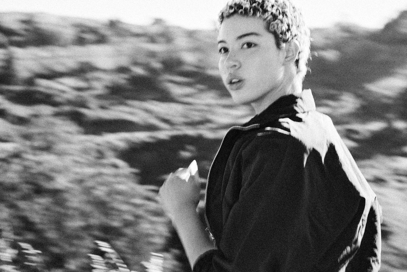 woman running in black and white 