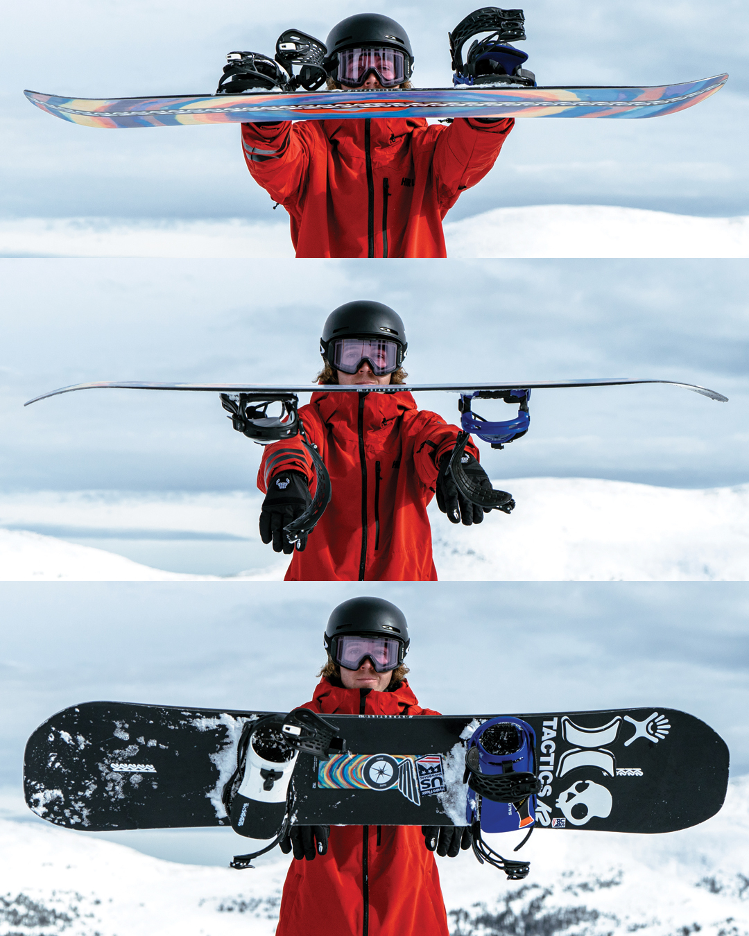 woman flips her snowboard towards camera 