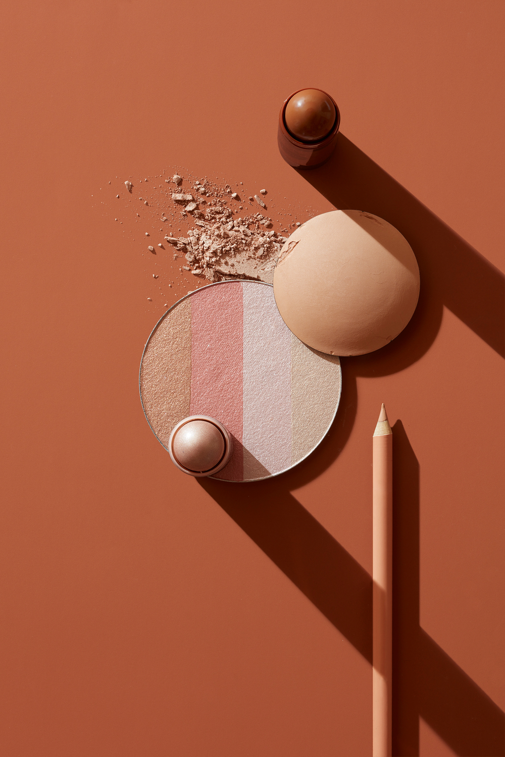 Creative still life with beauty products, Blush and bronzer product advertising campaign, how to style and photograph beauty products Glow and shimmer