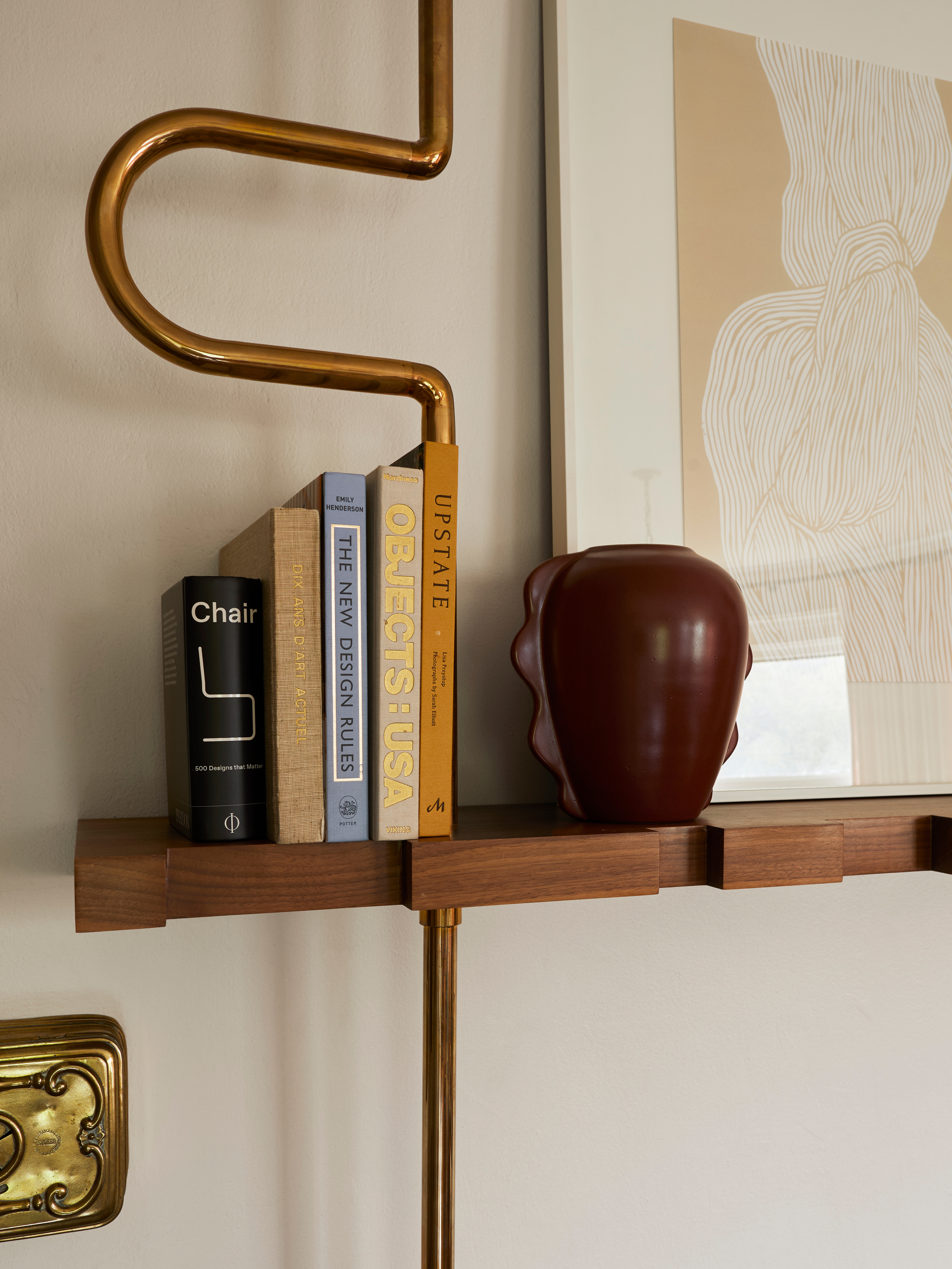 open shelving with wood and gold accents 