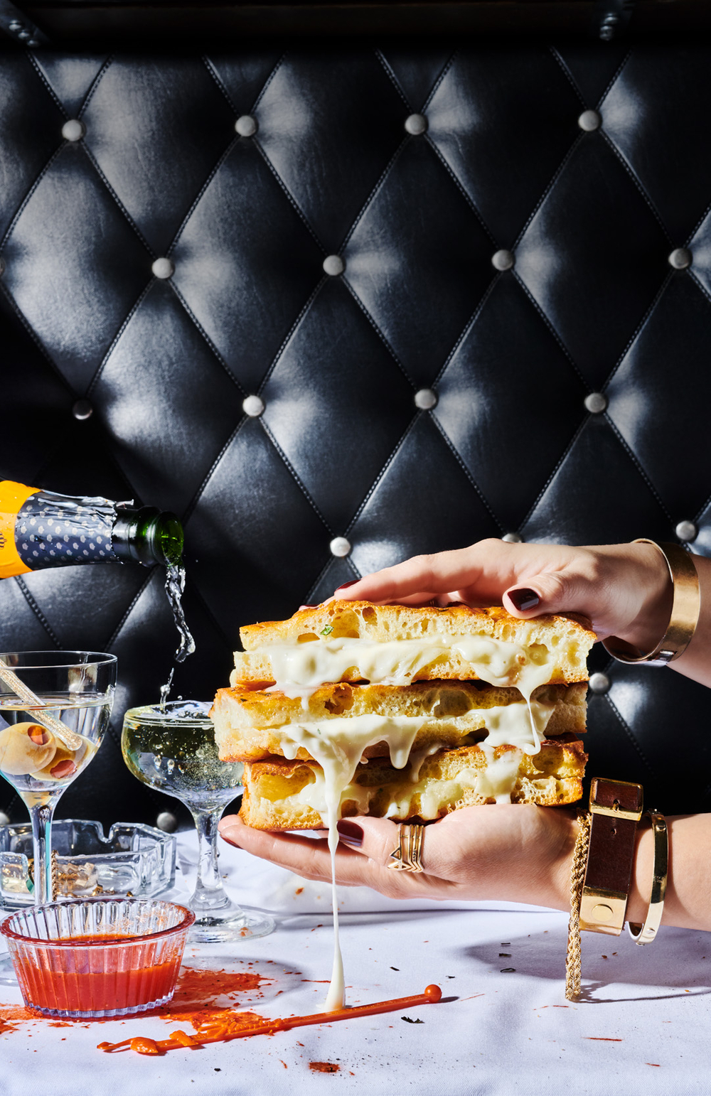 Messy Grilled Cheese and sparkling wine