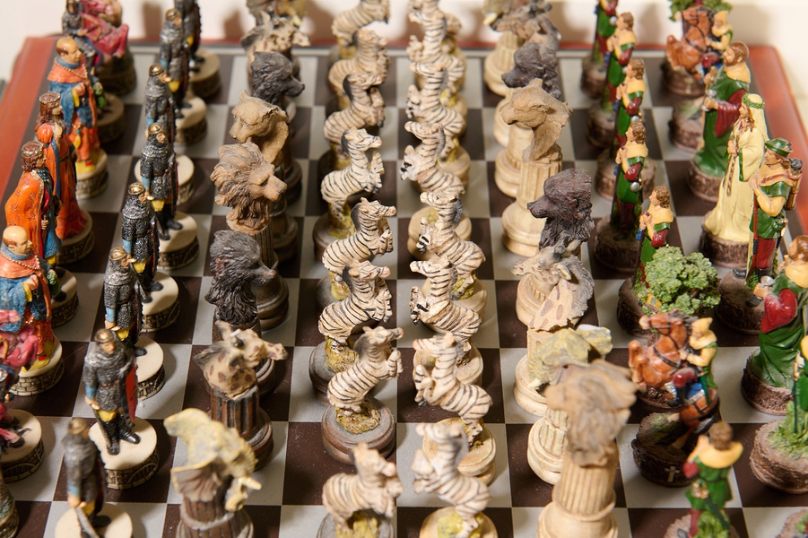 Close up of unique chess set 