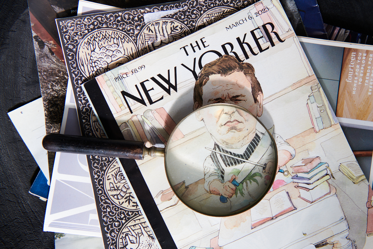 The New Yorker with a magnifying glass 