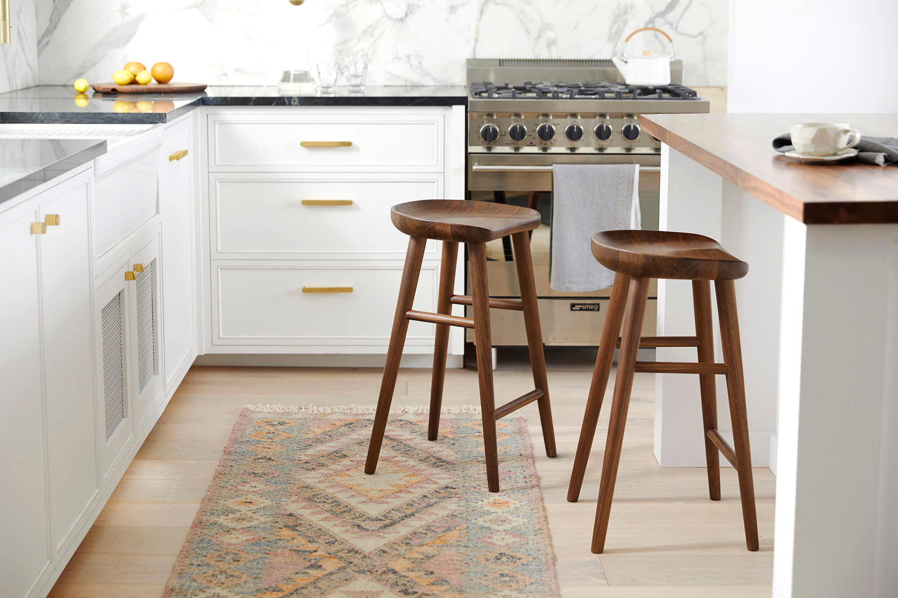 Marble Backsplash, Traditional Kitchen, Rejuvenation Kitchen, Wooden Barstools Rejuvenation Kitchen with Barstools
