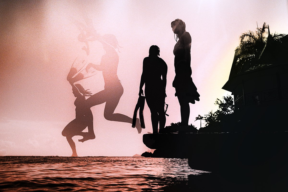 Gorgeous image of a tropical place, childhood nostalgia, place based photography Pink sunset, dark shadows