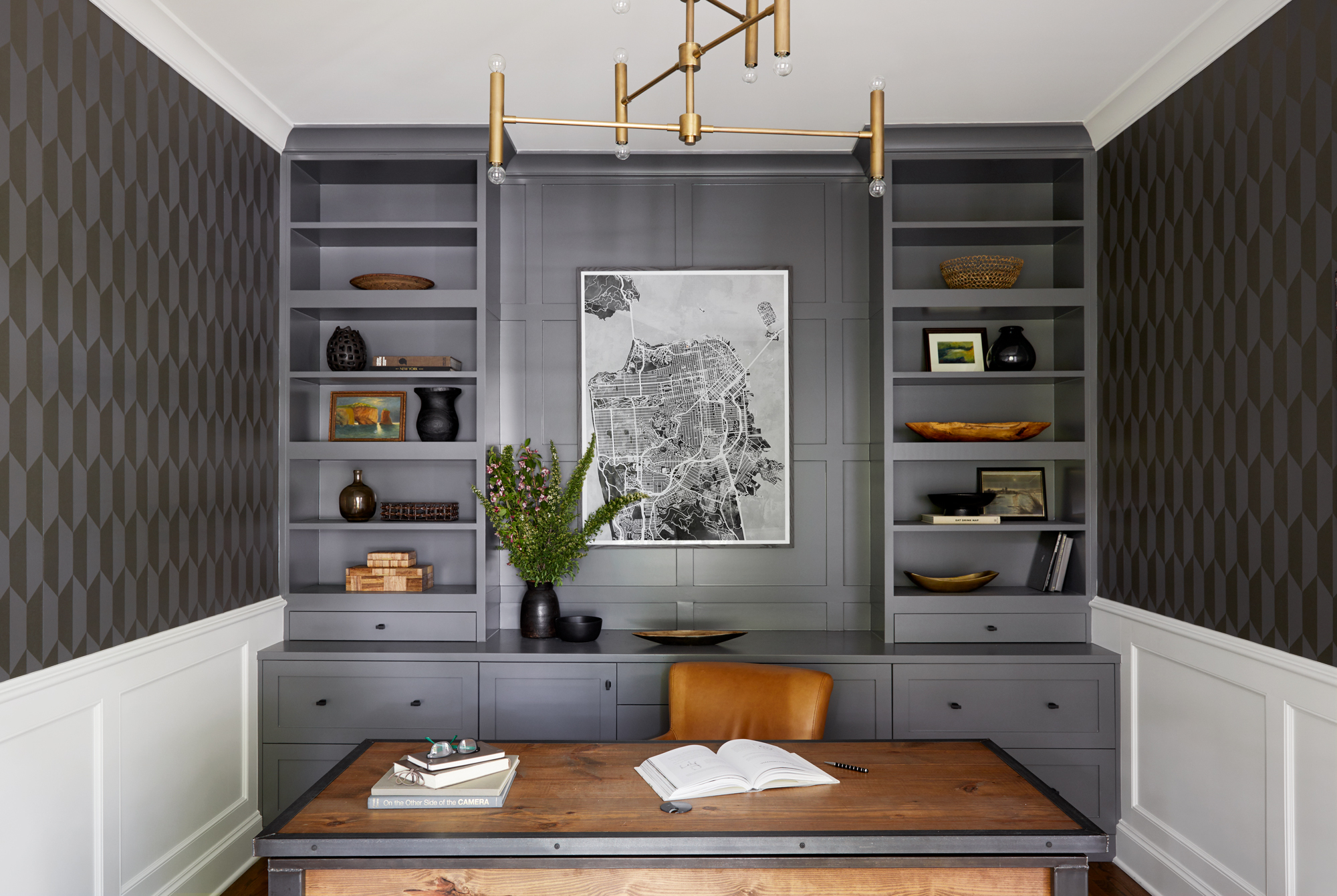 Home Office, Modern light fixture and builtin bookcase Den Study, Decorate, Interior Design, Bookcase