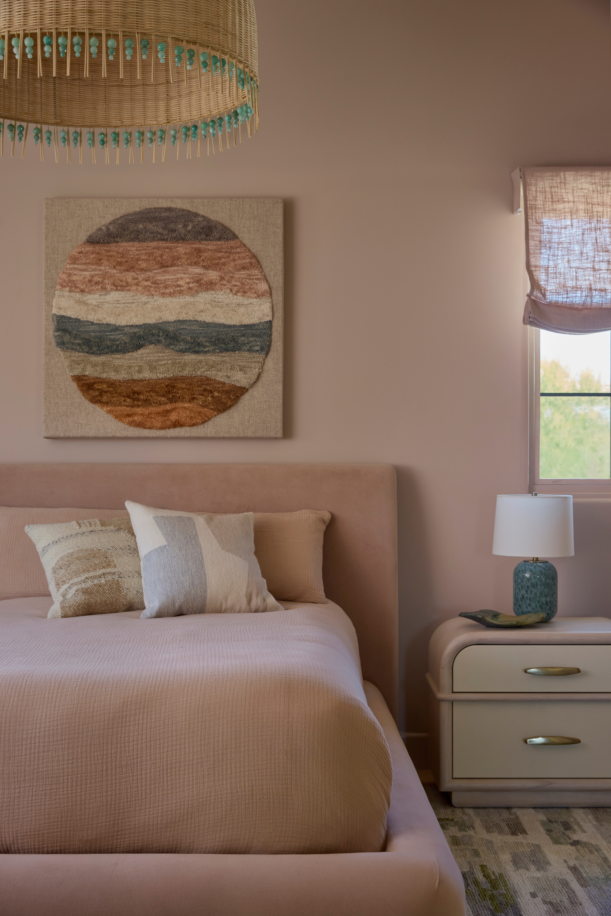 soft pink mid century modern bedroom 
