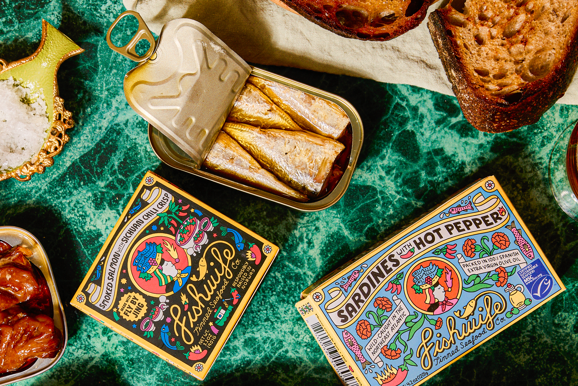 amazing seattle based food and beverage photographer knoxy knox for fish wife  smoked salmon and sardines with hot pepper paired with bread for a delicious snack from fish wife