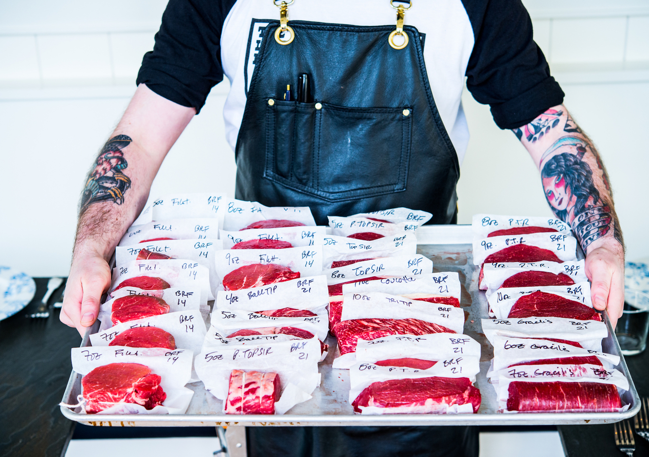 Butcher raw meat cuts display