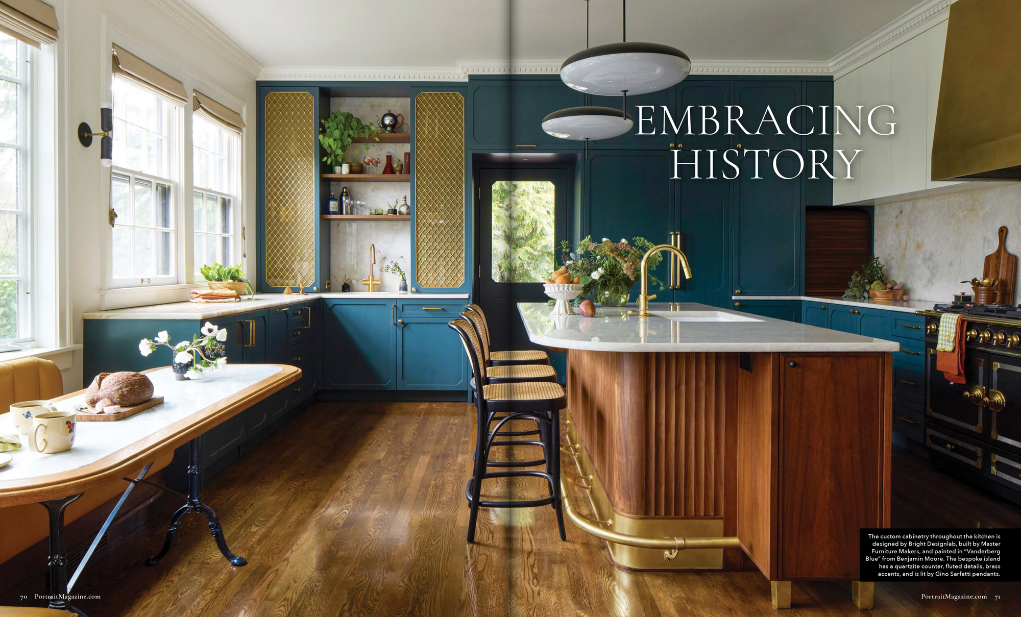 gorgeous art deco inspired teal and wood kitchen with gold accents 