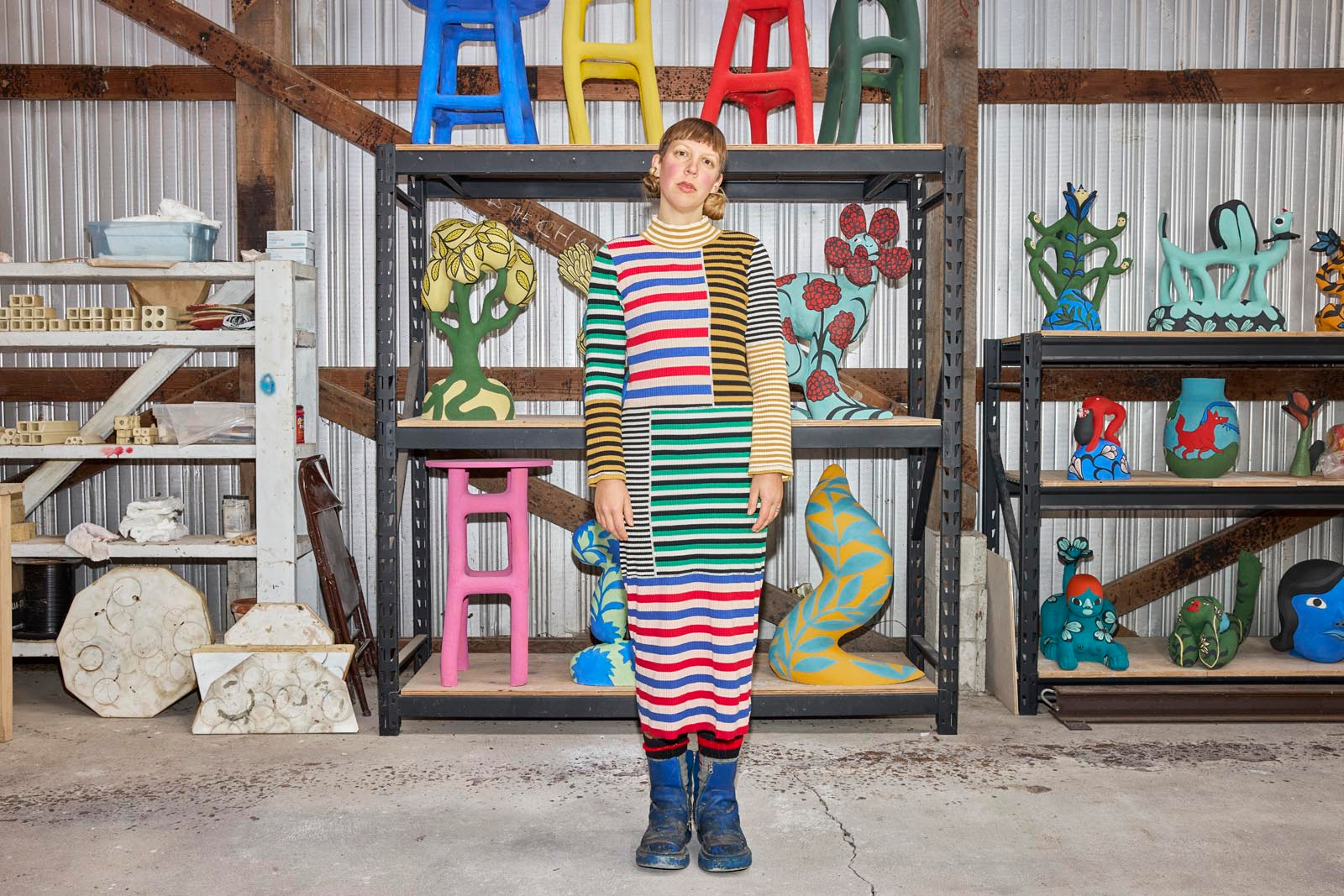 ariana heinzman stands in front of her sculptural collection 