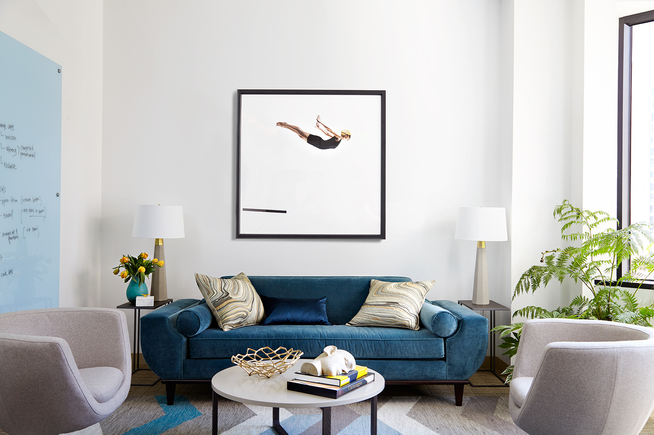 Lauren Koval Living room with Swimmer blue couch