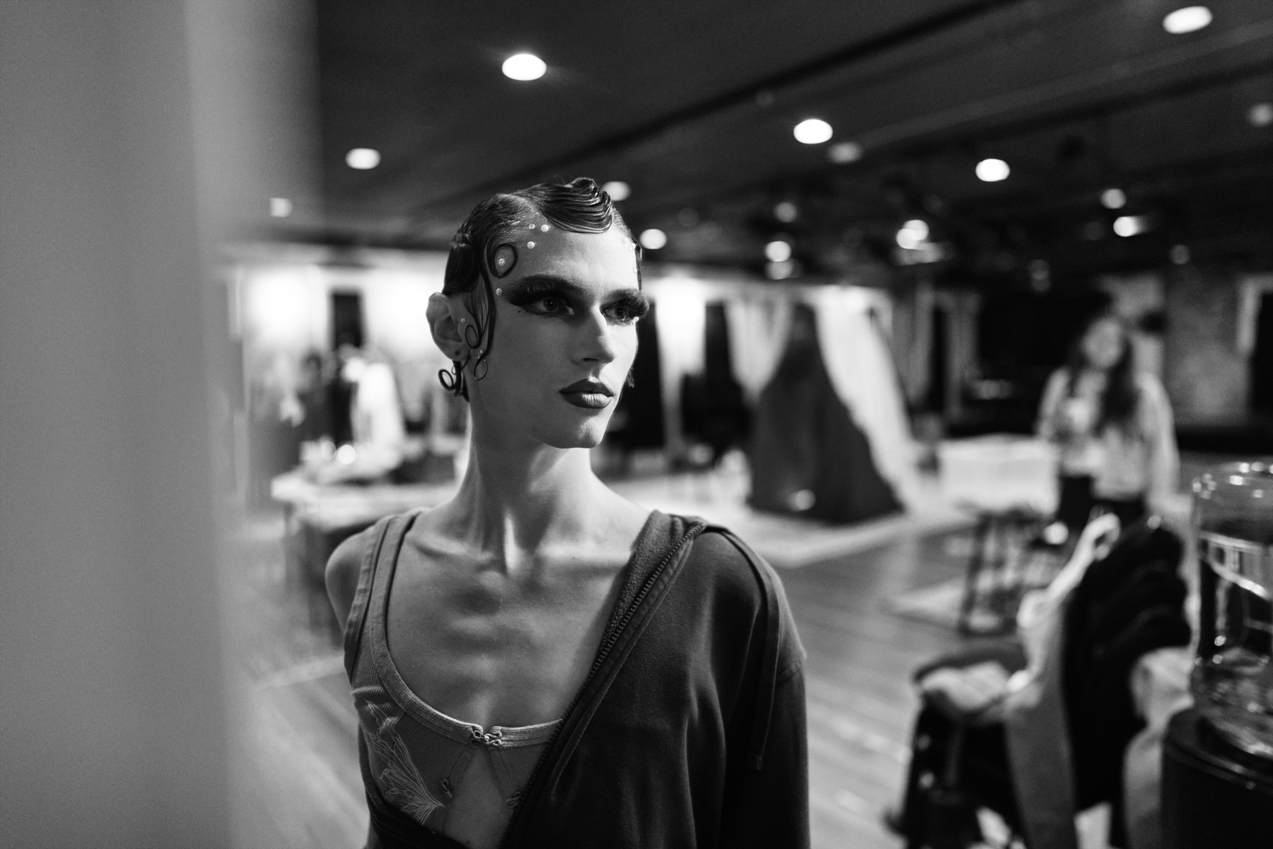 model backstage for fashion week