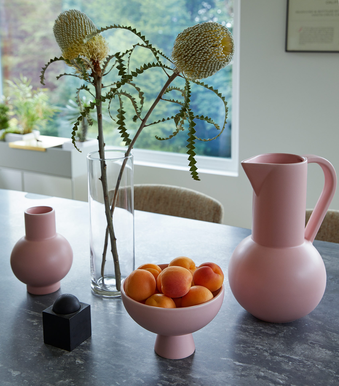 pink ceramics, tabletop, beautiful pottery and flowers 