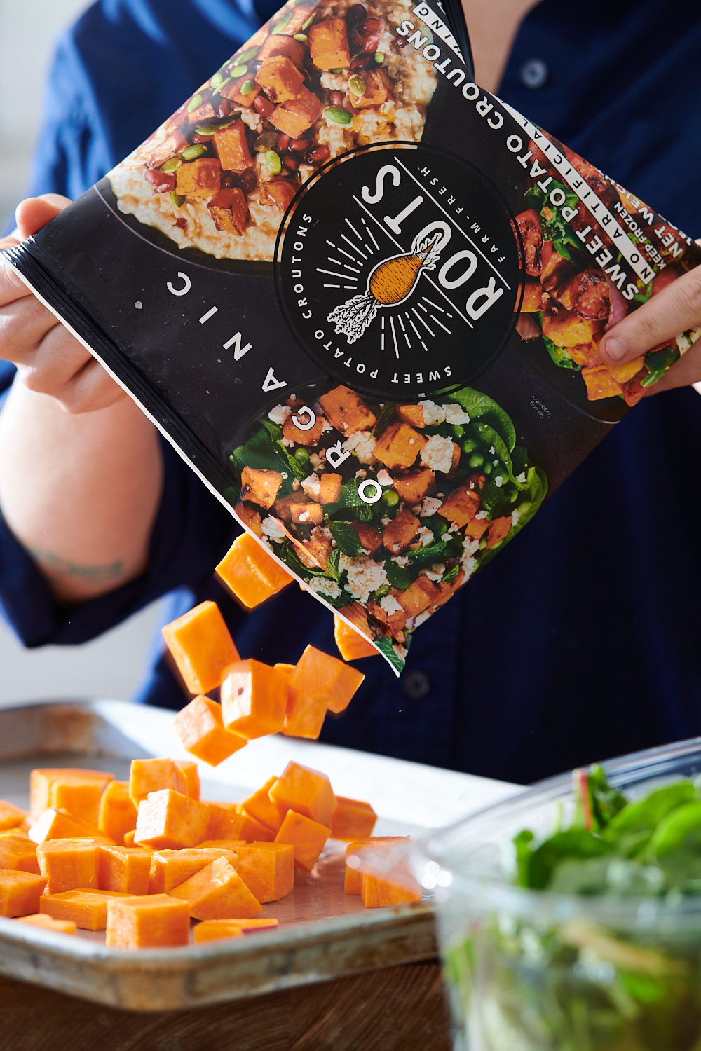 Food photography sweet potato croutons