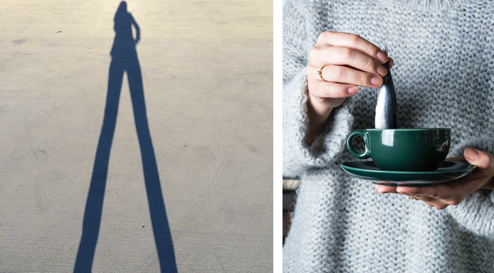 White woman with a ring on her hand holds a fish tail, selfie of your shadow Story telling with photos