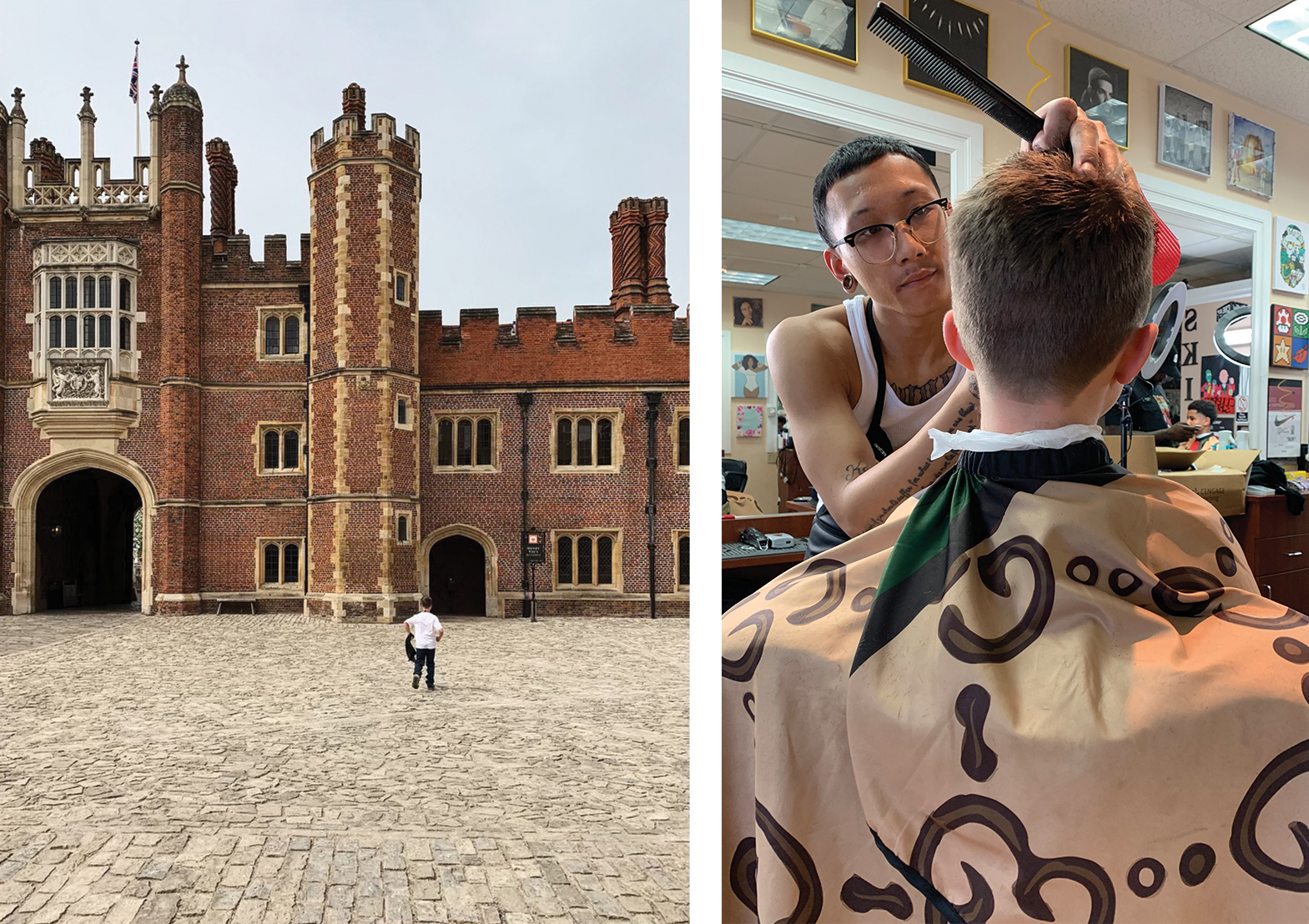 Castle like brick building with crosses on the top. Someone observes the architecture with their hands on their hips. Neighborhood, photojournalism Asian barber with brow line glasses