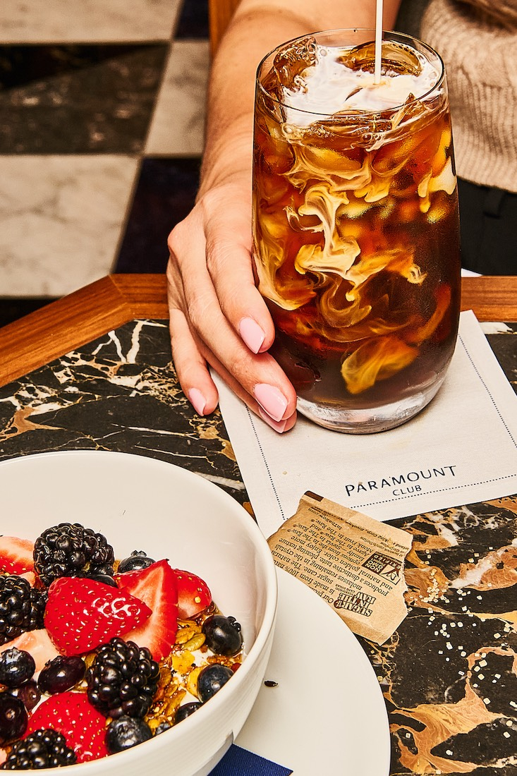 creamy cold brew coffee and oatmeal with fresh fruit paramount club breakfast with Sarah Flotard