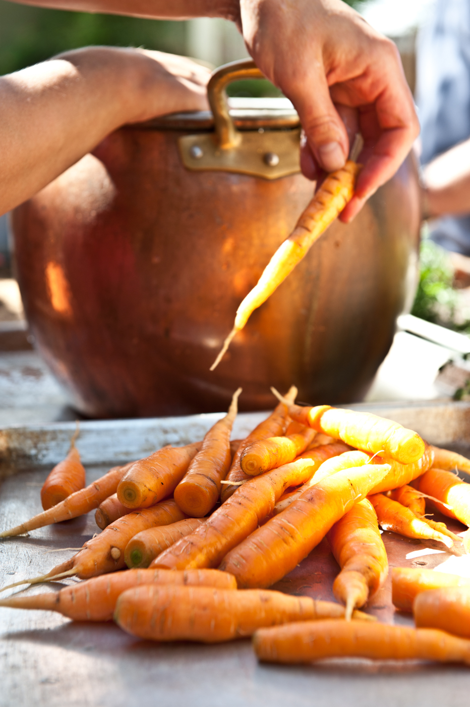 Carrots, copper pot