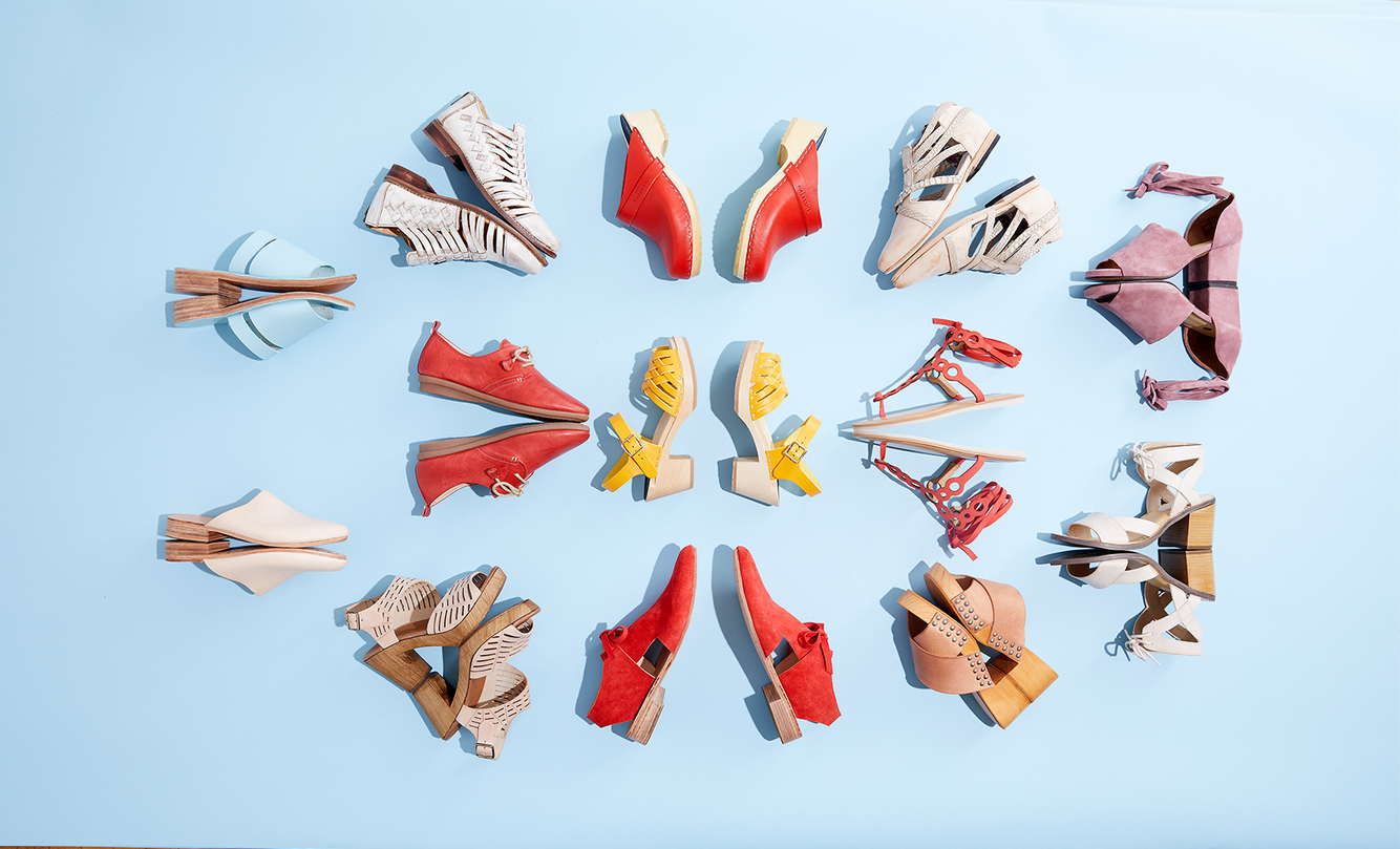 Colorful shoes on a surfac, bright background series 