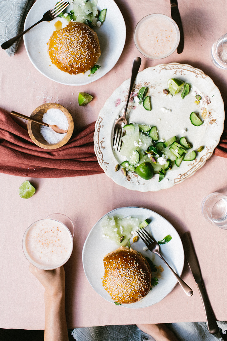 Burgers Smoothies and cucumber salad