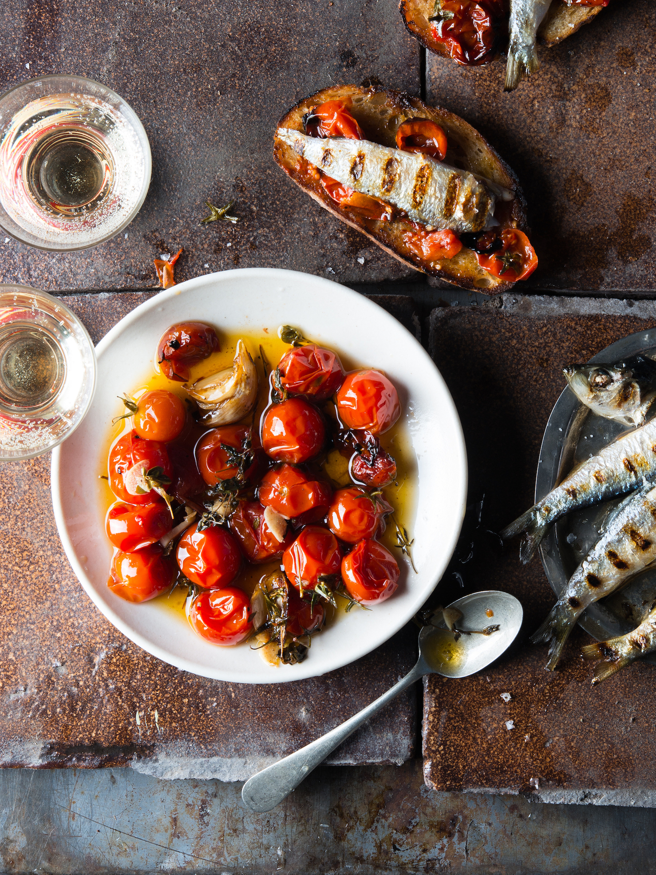 Tomatoes oil grilled fish bruscetta