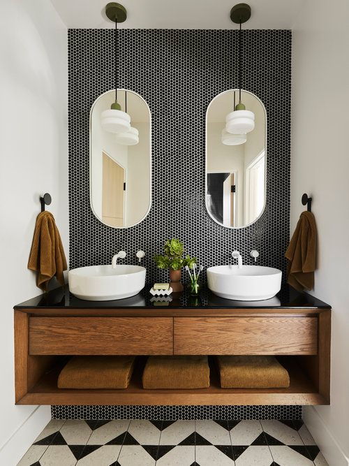 clean modern natural wood and tile bathroom 