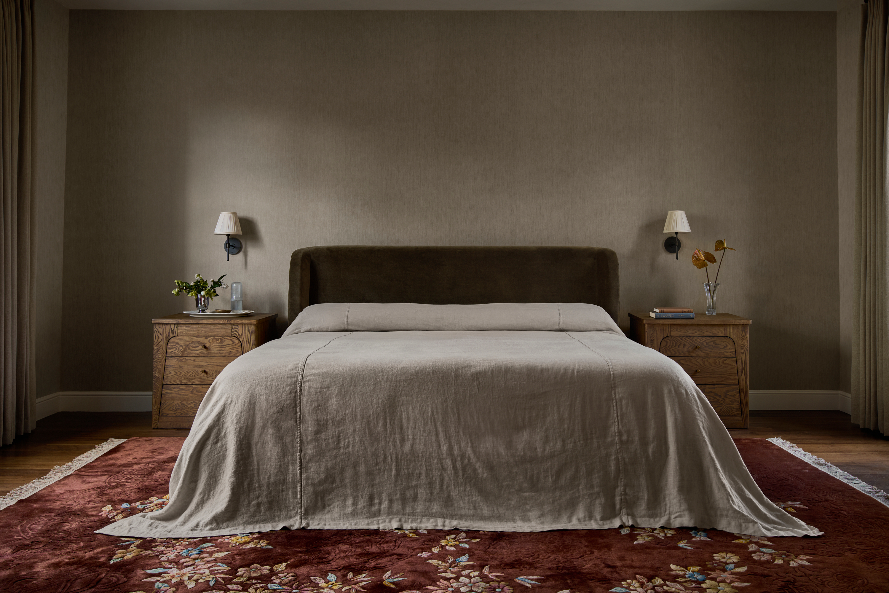 natural wood bedframe and nightstands q