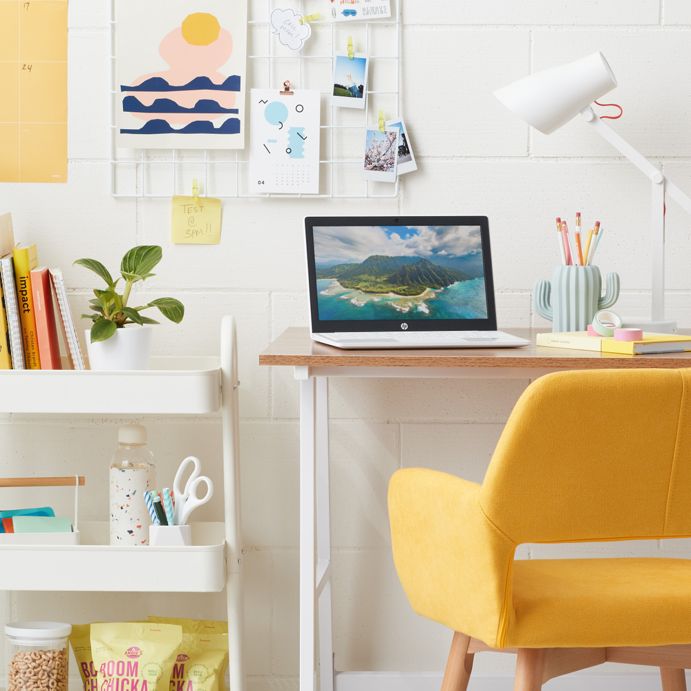 Contemporary study with bright colors, college dorm ideas.