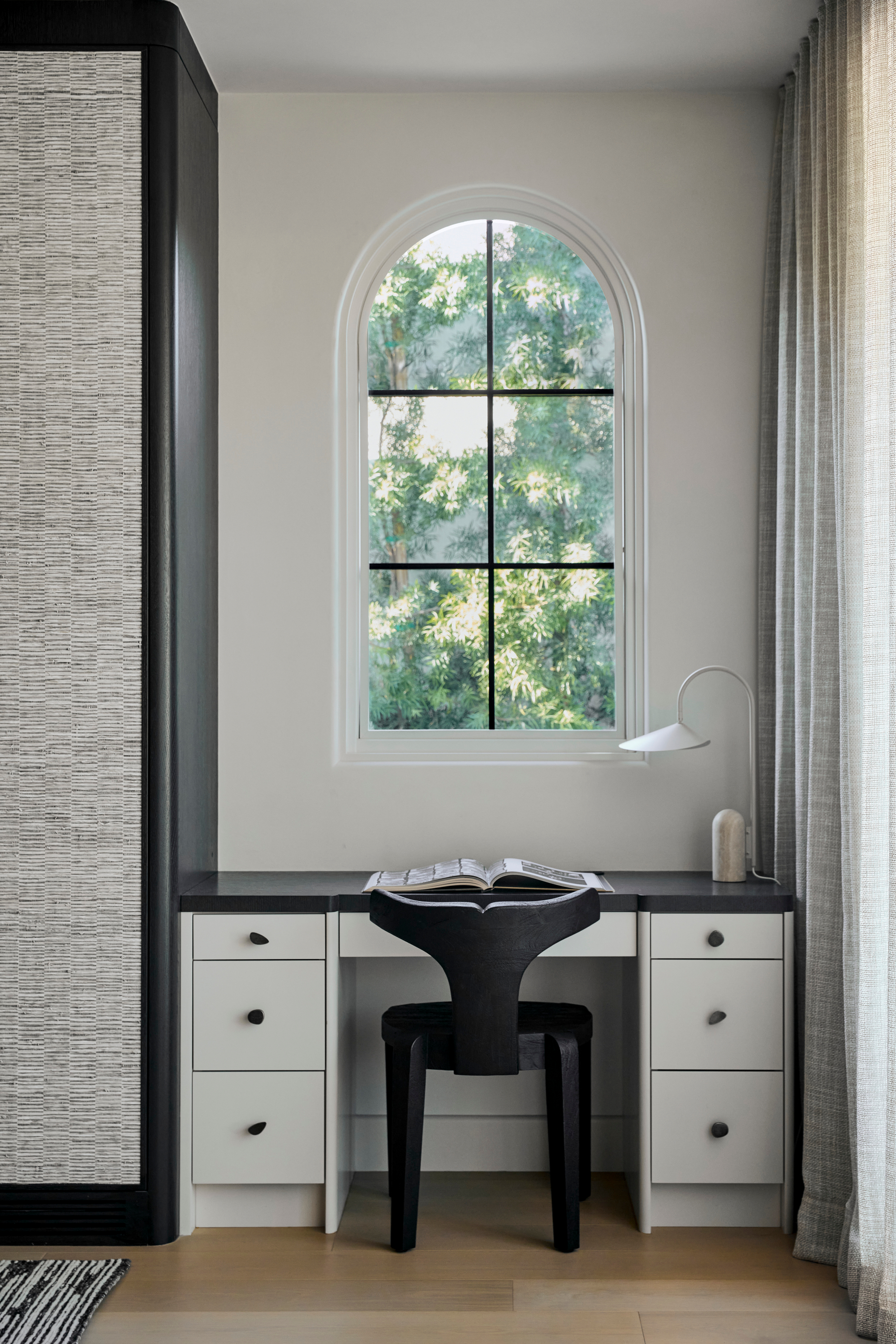 black and white window nook desk 