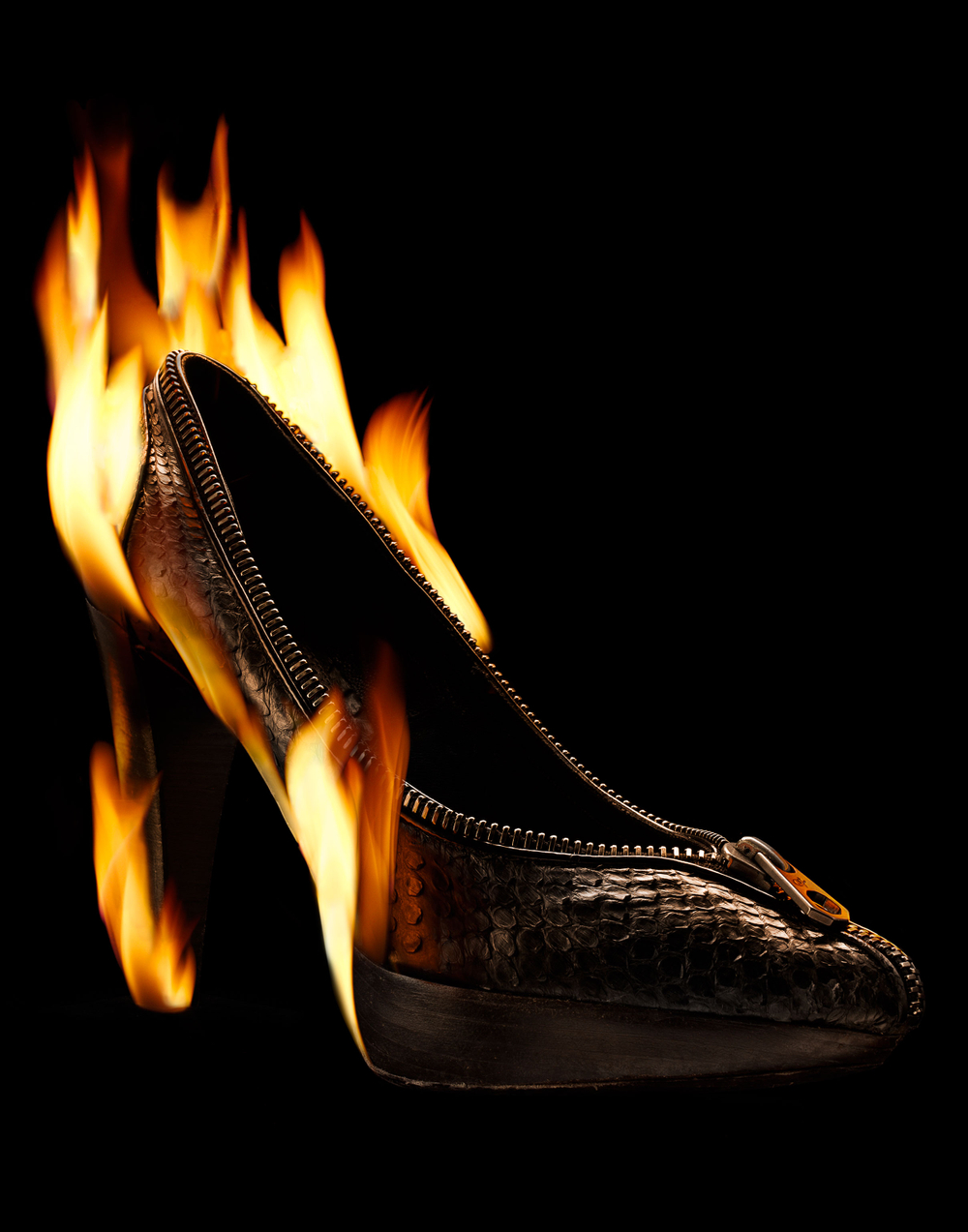 shoe on fire advertising footwear, pumps on fire