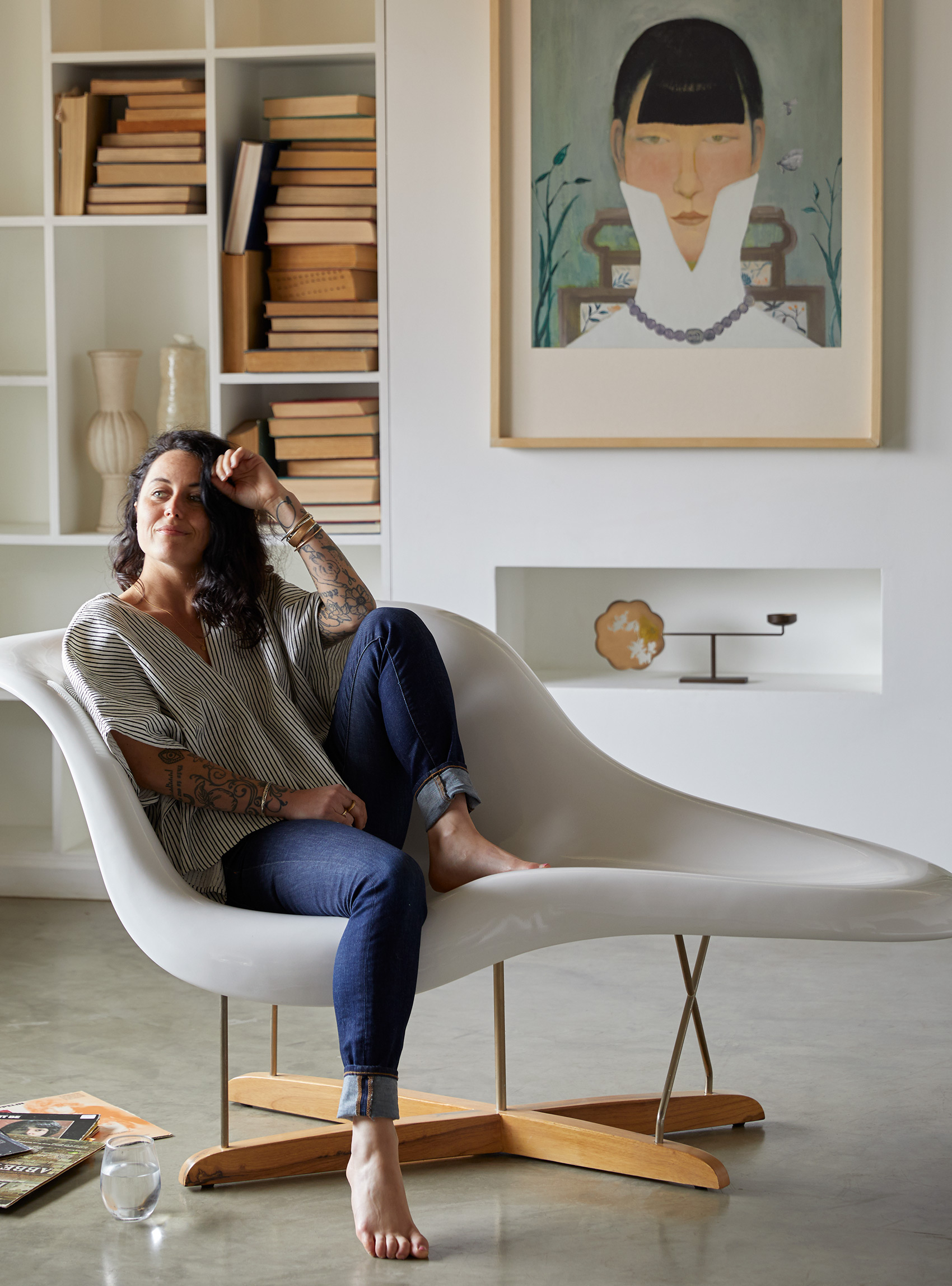 George Barberis photographs woman seated in a beautiful mid-century interior in Palm Springs Molded modern chaise lounge in mid-century interior