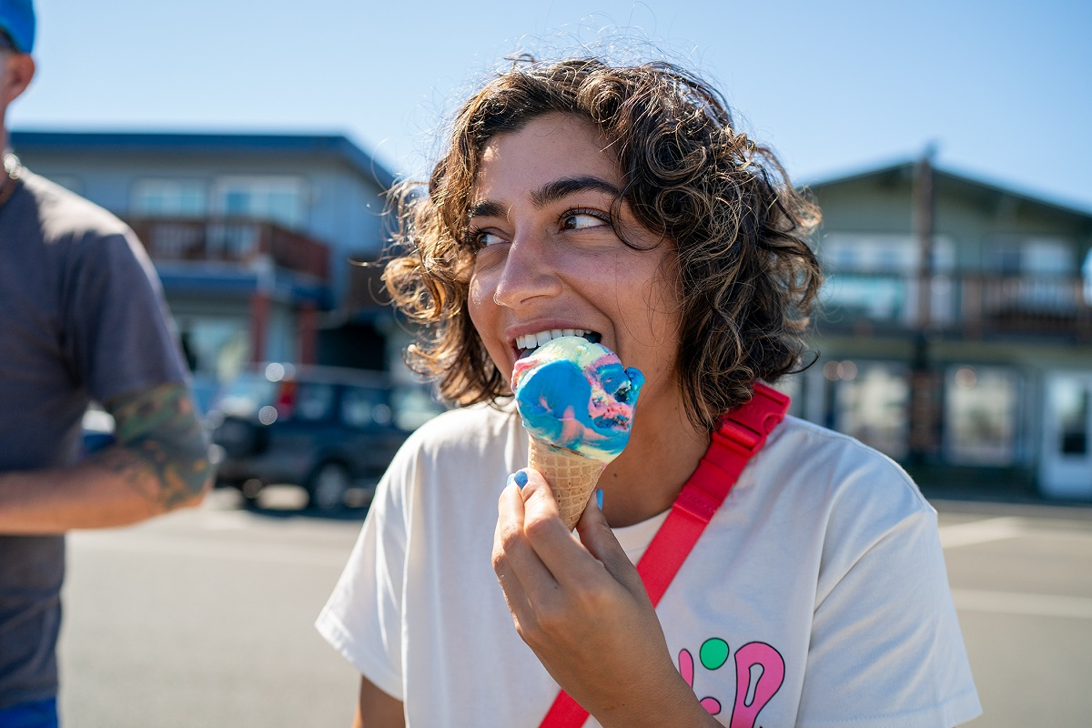 Young Woman Licking a blue Ice Cream Cone Blue Ice Cream, Blue Nails
