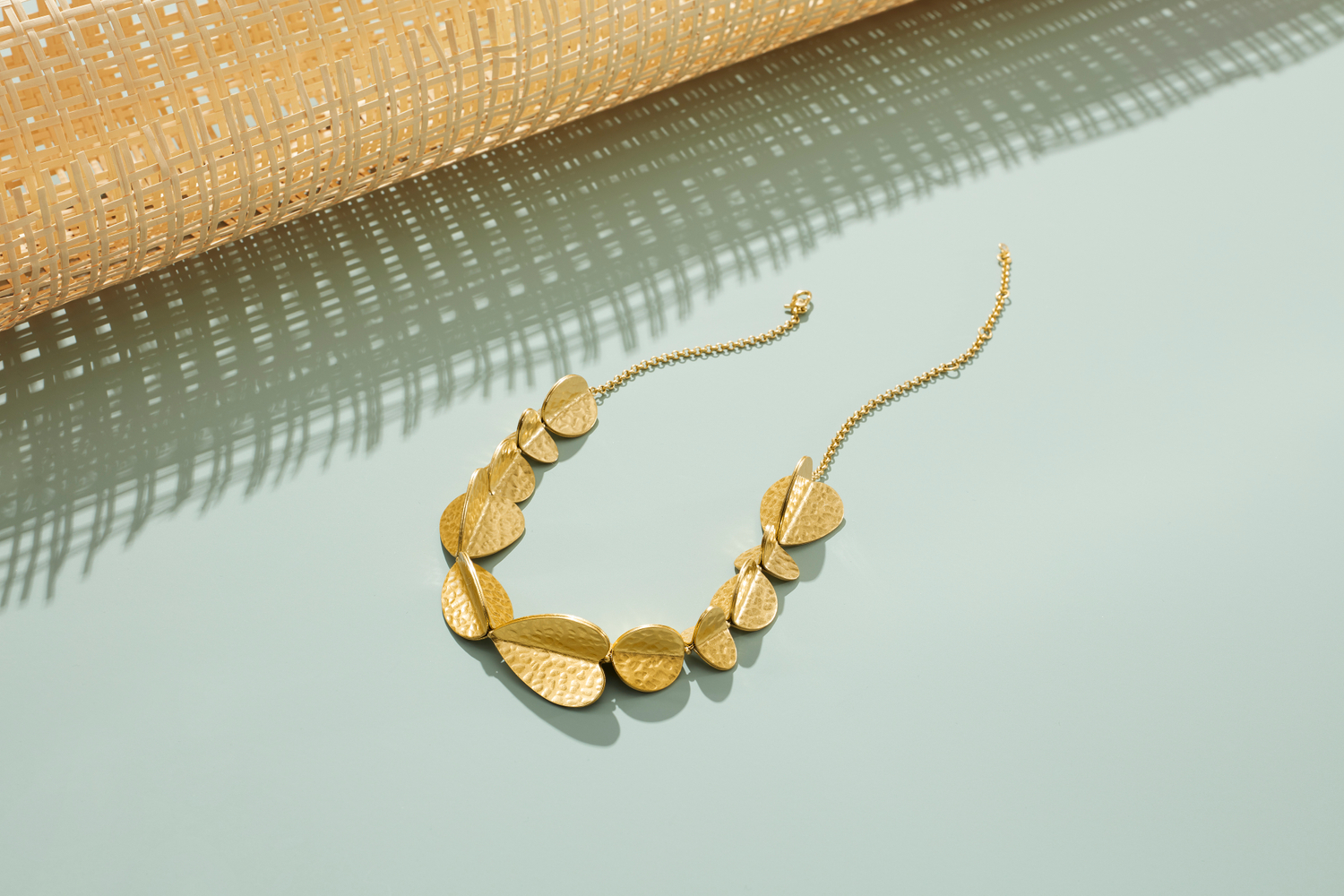 Designer necklace, gold chain with three dimensional organic leaf like metal shapes, jewelry inspired by Gold fashion necklace
