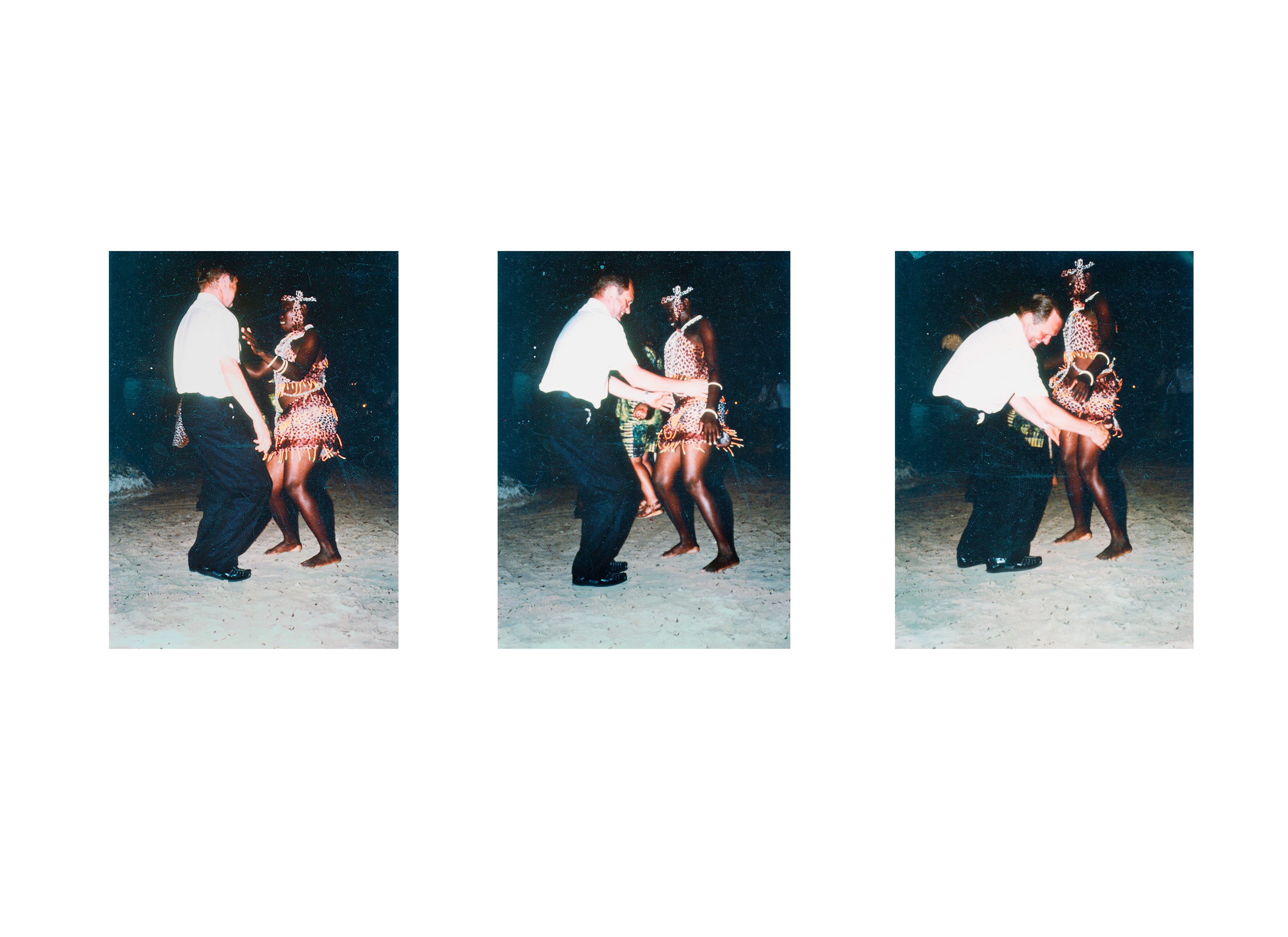 Triptych of the artist’s father in a sensual African dance with a woman in traditional dress, including a moment suggestive of oral intimacy. From God Is Never Far Away, exploring family, sexuality, and cross-cultural encounters. God Is Never Far Away – Father in Erotic African Dance