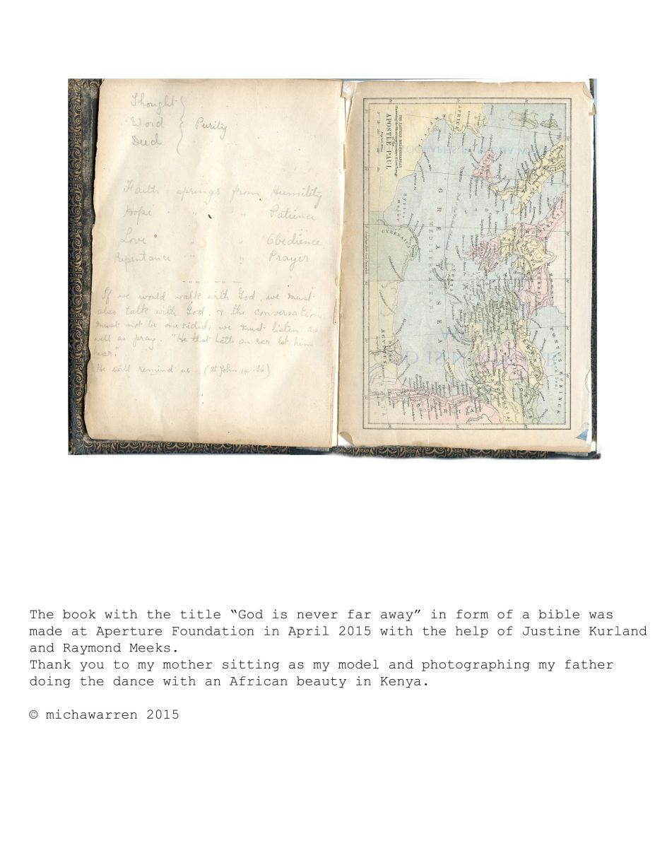 Open Bible showing handwritten notes and Middle East map, part of Micha Warren’s God Is Never Far Away artist book project. God Is Never Far Away – Bible Artist Book with Middle East Map