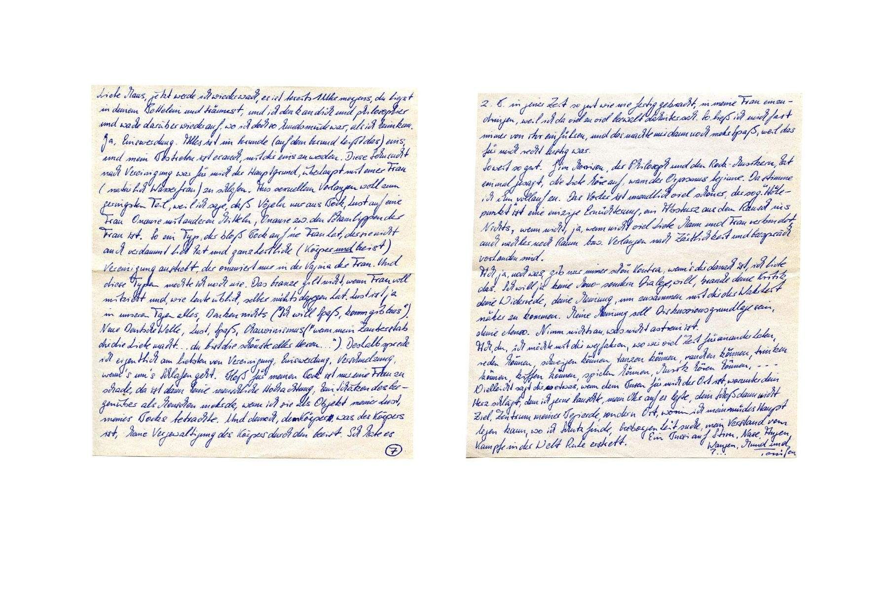 Two handwritten pages of a love letter in blue ink from the artist’s first boyfriend, part of the series God Is Never Far Away – An Artist’s Bible of Memory, Myth, Longing, and Desire, exploring intimacy, awakening, and formative experiences. God Is Never Far Away – Love Letter from First Lover