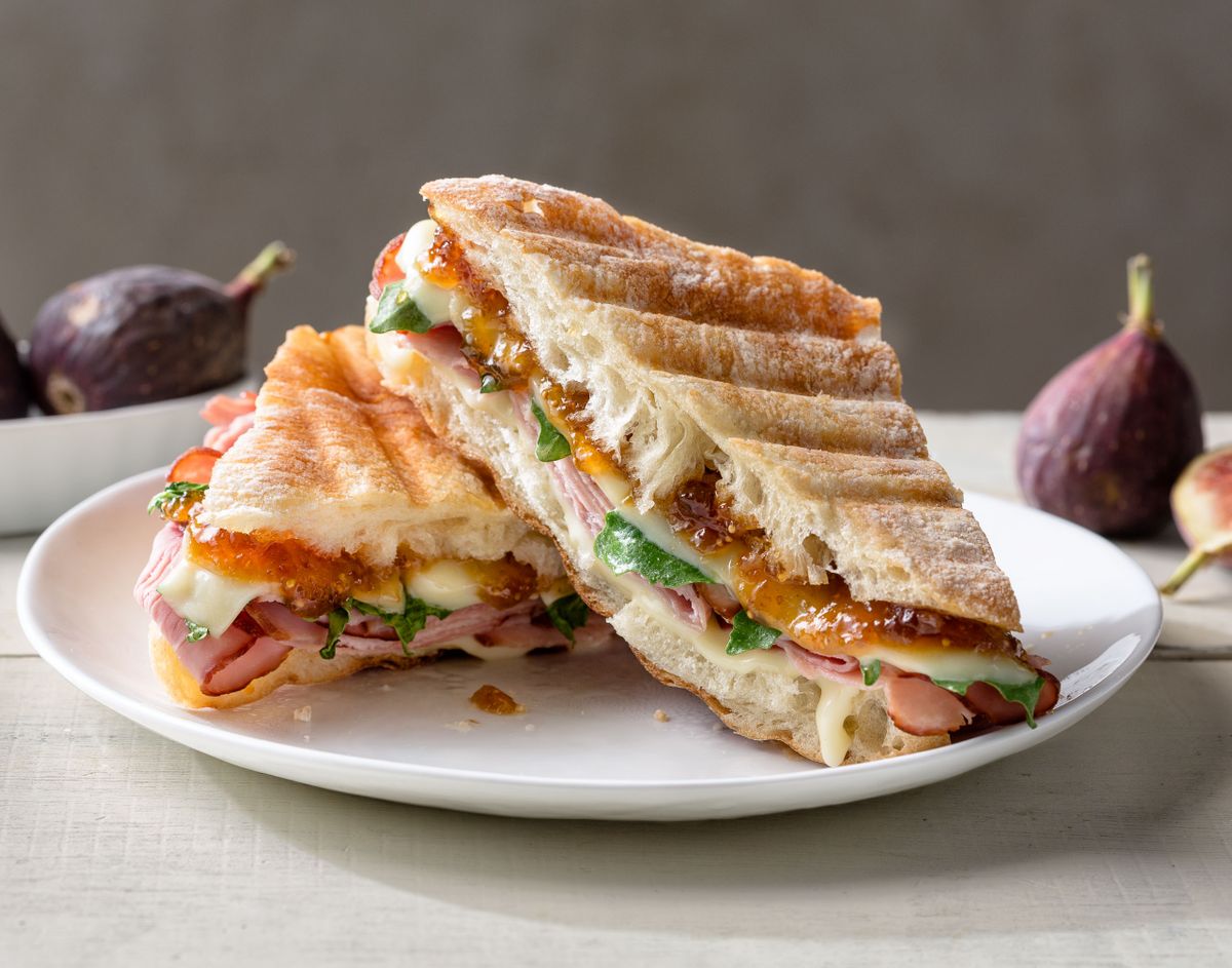 Ham and cheese sandwich with fig jam.