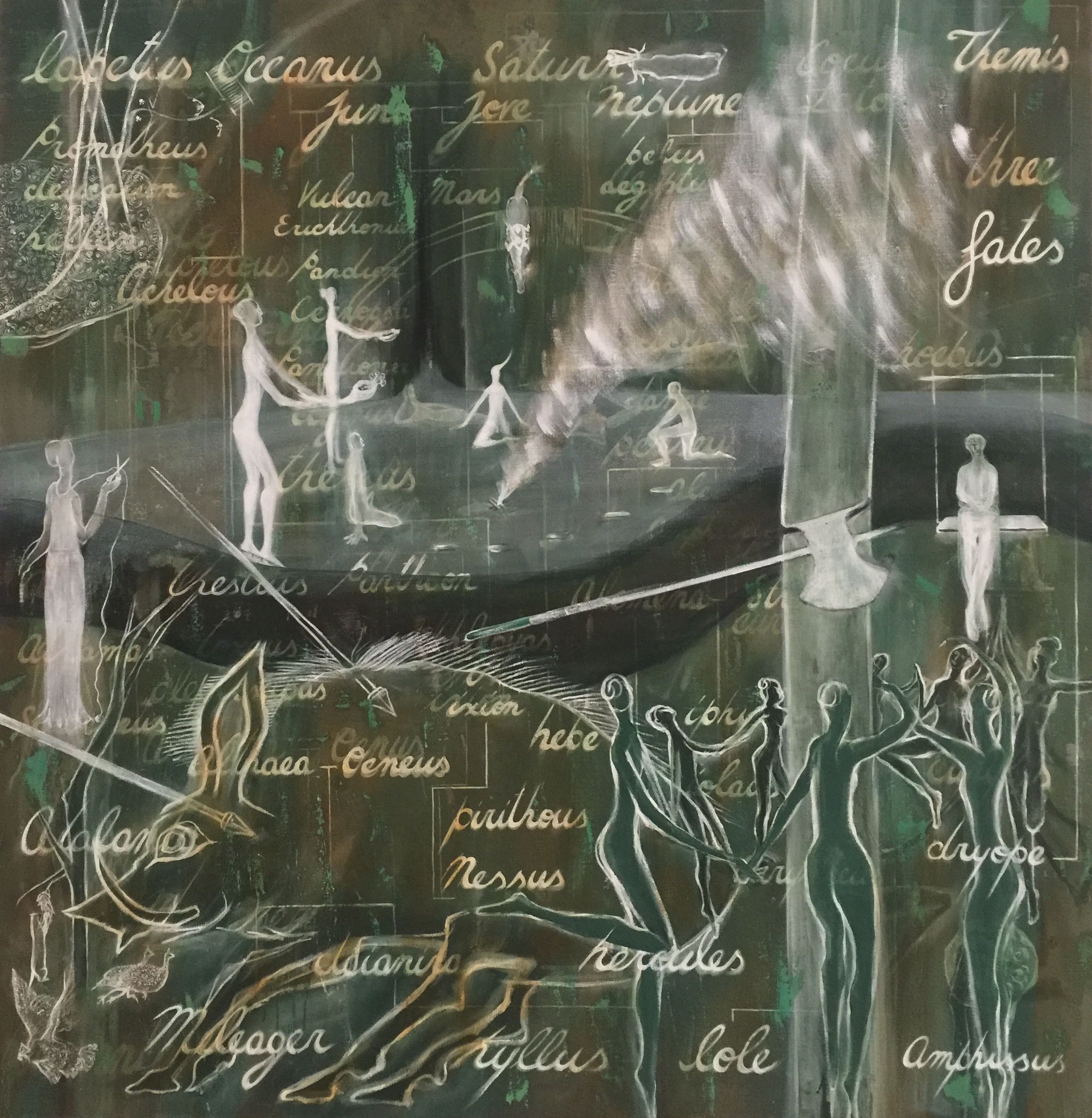 Oil and Emulsion on Linen, 62" x 60.5", 2014- 2017 Dream 7: Homo Narrans (The Story Tellers)