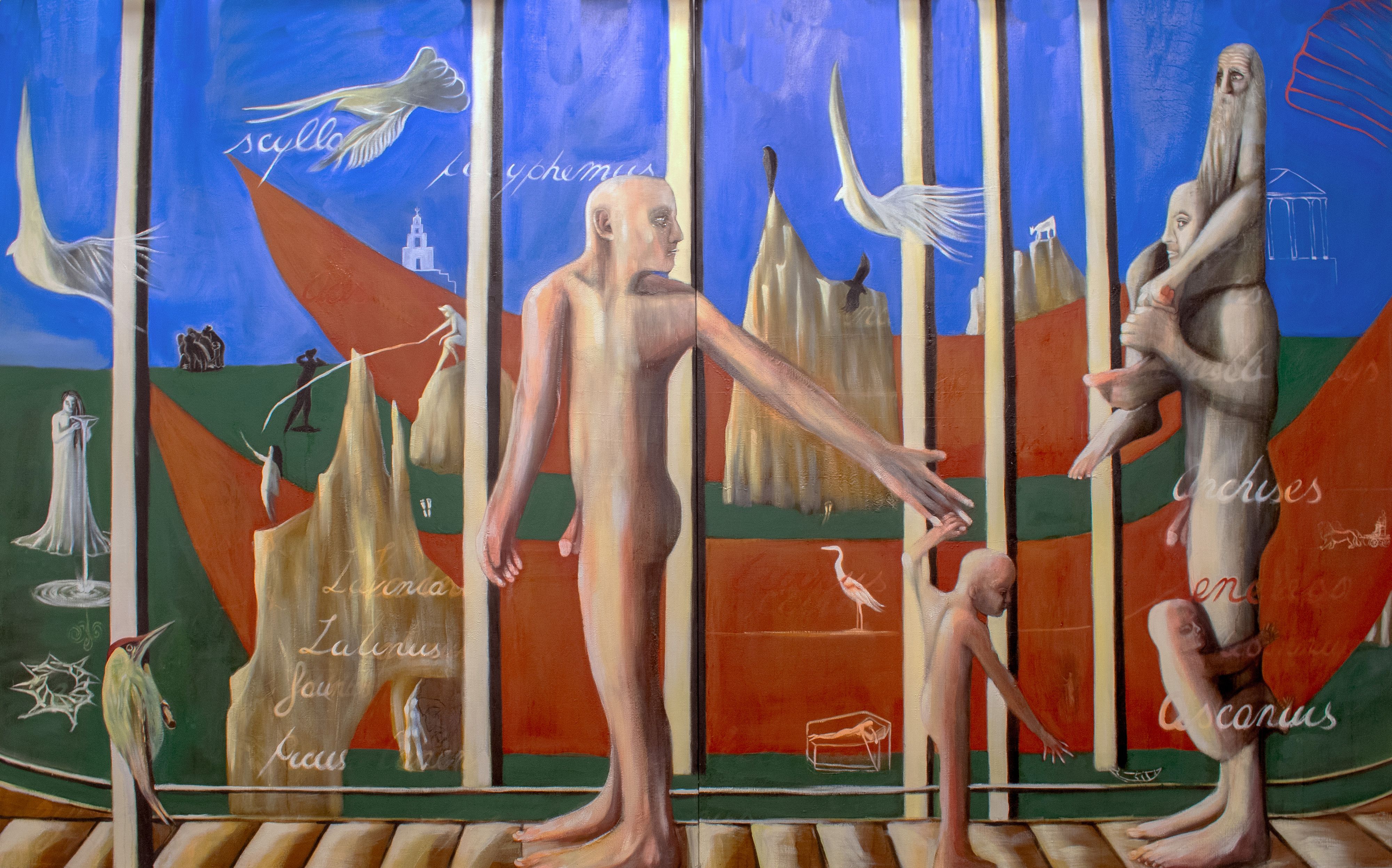 Oil and Emulsion on Linen, 62" x 100" 2014-2017 Dream 9: Mediterranean Refugees