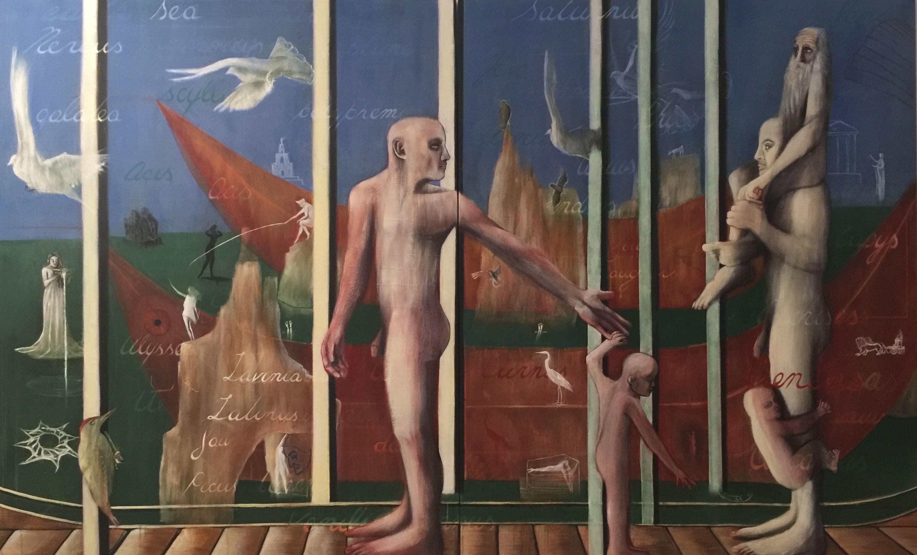 Oil and Emulsion on Linen, 62" x 100", 2014-2017 Dream 9: Mediterranean Refugees